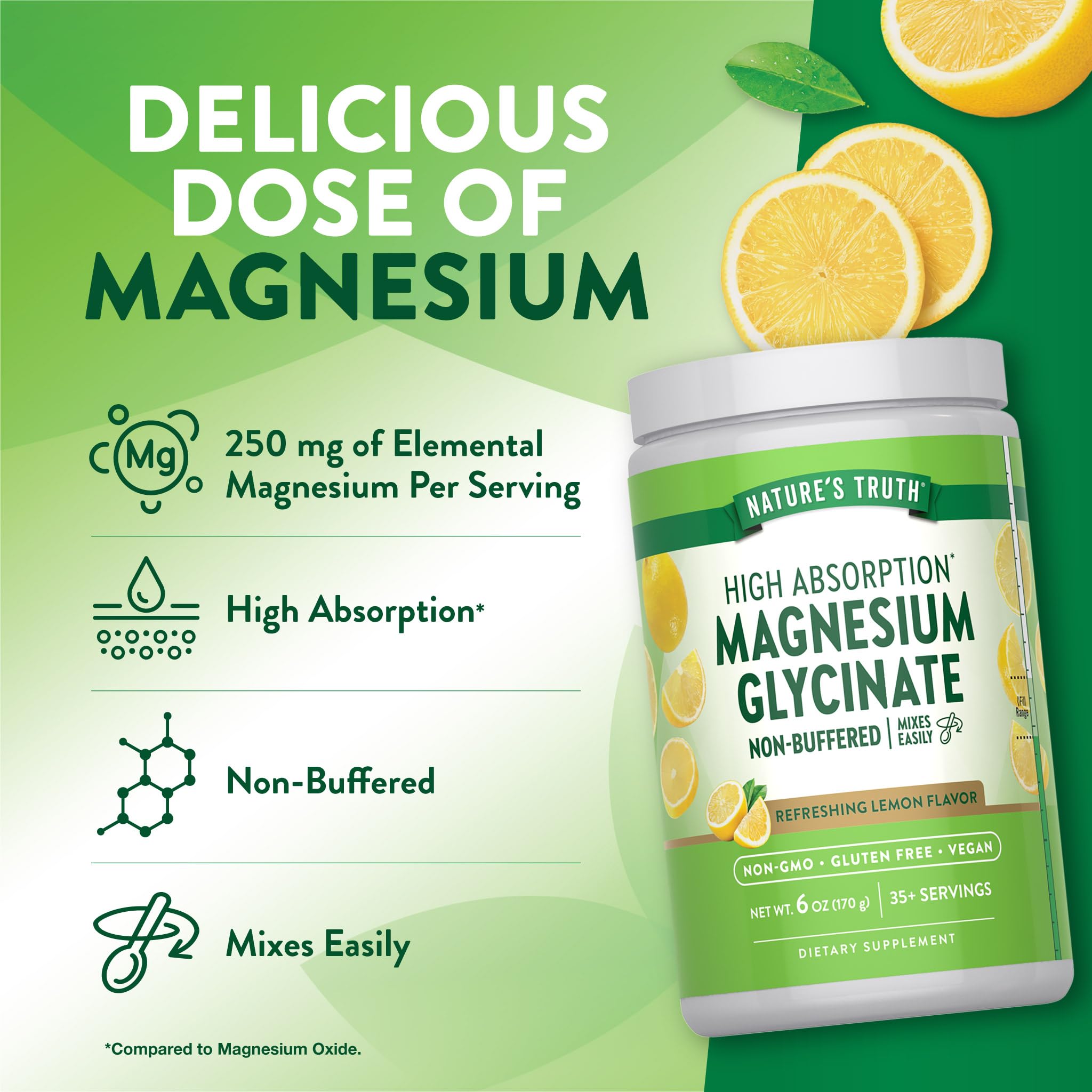 Nature's Truth Magnesium Glycinate Powder 6 oz – Lemon Flavor | High Absorption, Vegan, Non-GMO, Gluten Free
