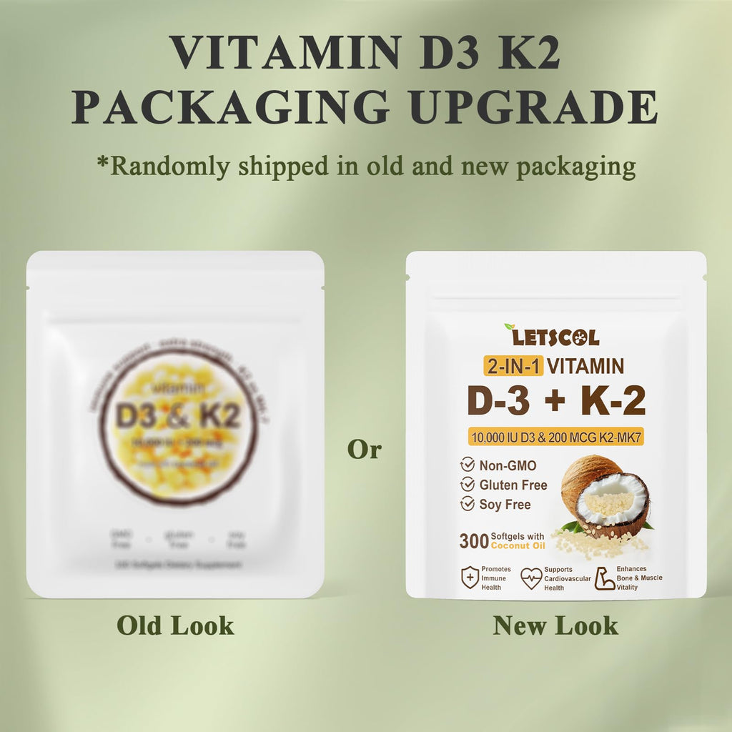 LETSCOL 2-in-1 Vitamin D3 K2 Softgel – 10000 IU D3 & 200 mcg K2 MK7 for Immune, Heart, Joint & Bone Health