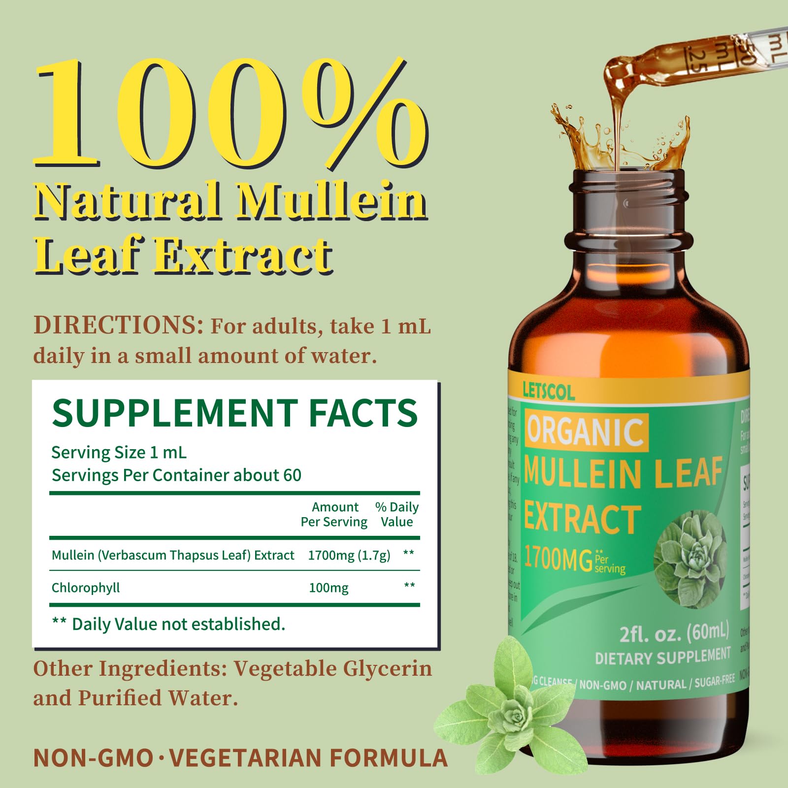 LETSCOL Organic Mullein Drops – 1700mg Mullein Leaf Extract, Non-GMO & Vegan, 2 oz