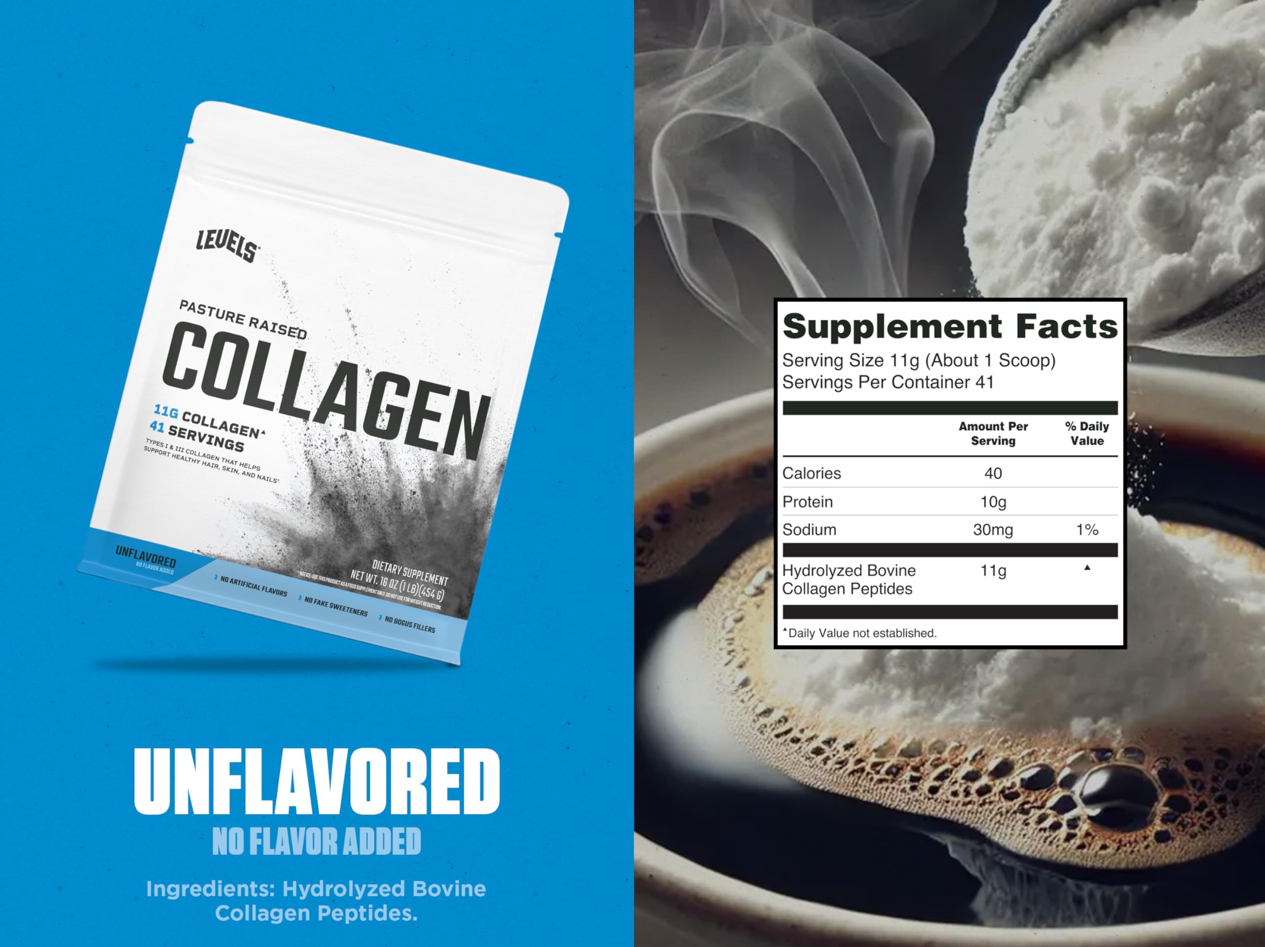 Levels Collagen Peptides – Unflavored, 11g Per Scoop, 1 lb, No Artificial Ingredients