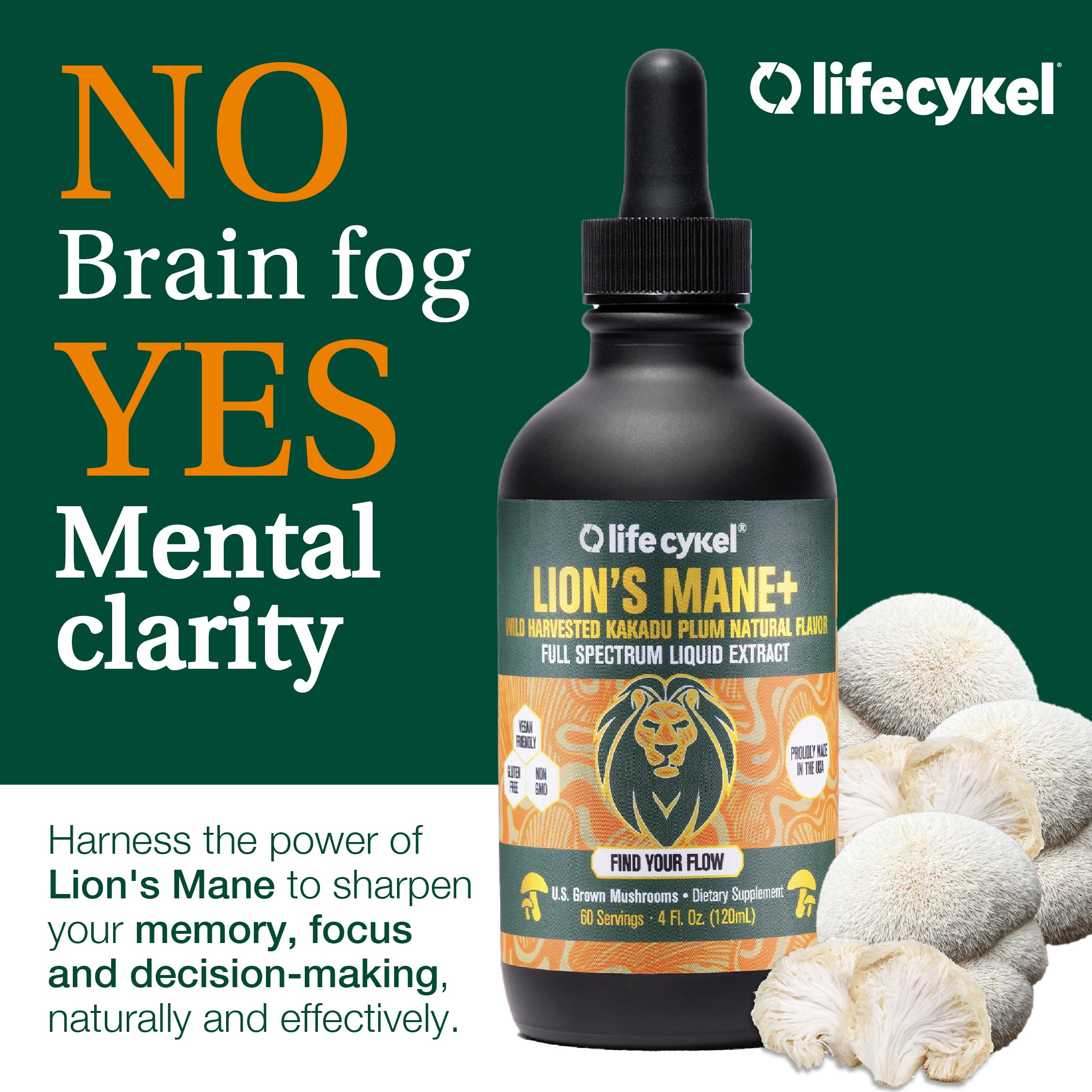 Lifecykel Lion's Mane Mushroom Extract w/Kakadu Plum — Memory, Focus & Sleep (2 oz, 30 Servings) Made in USA