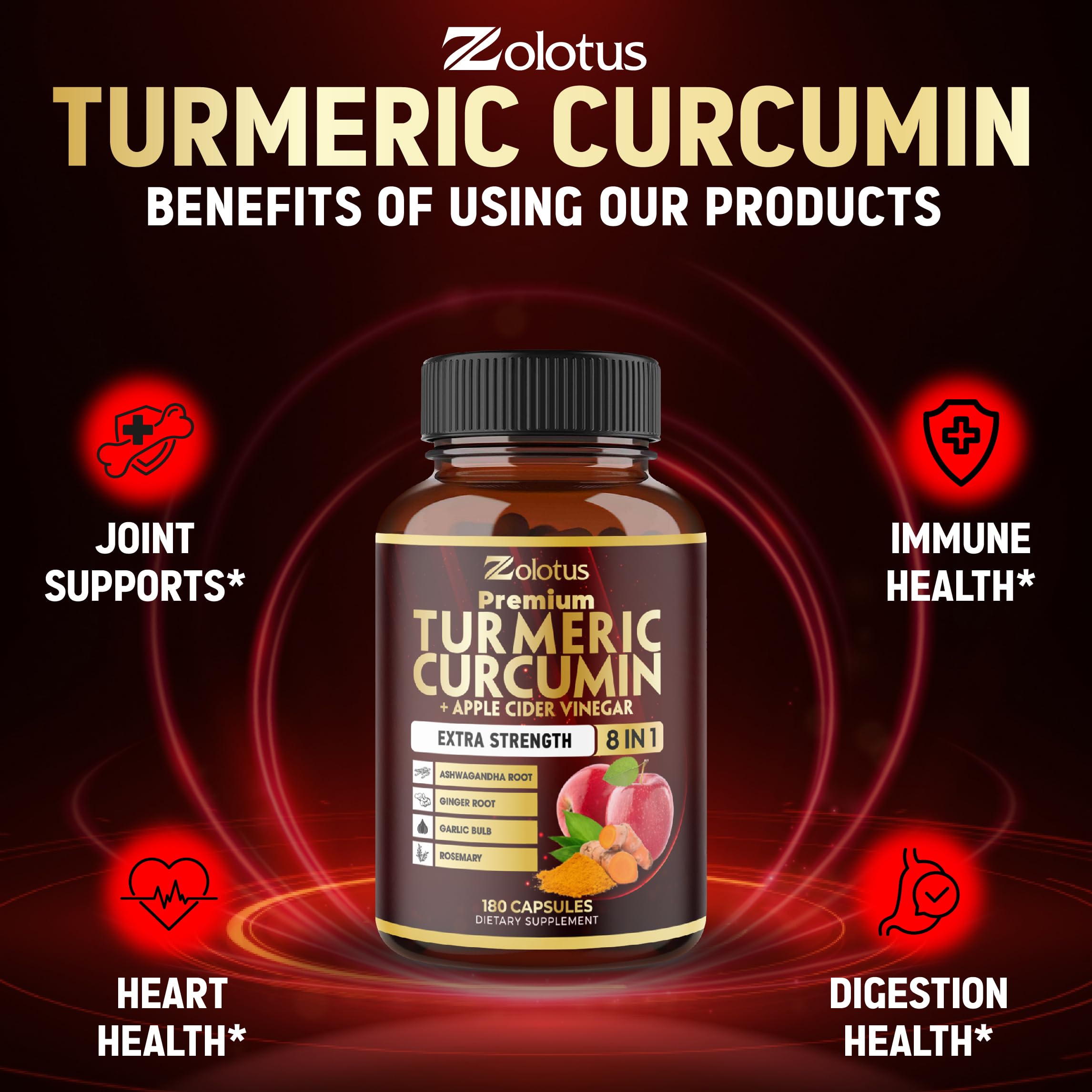 7 in 1 Turmeric Curcumin + Apple Cider Vinegar Capsules – 180 Count, 6 Month Supply