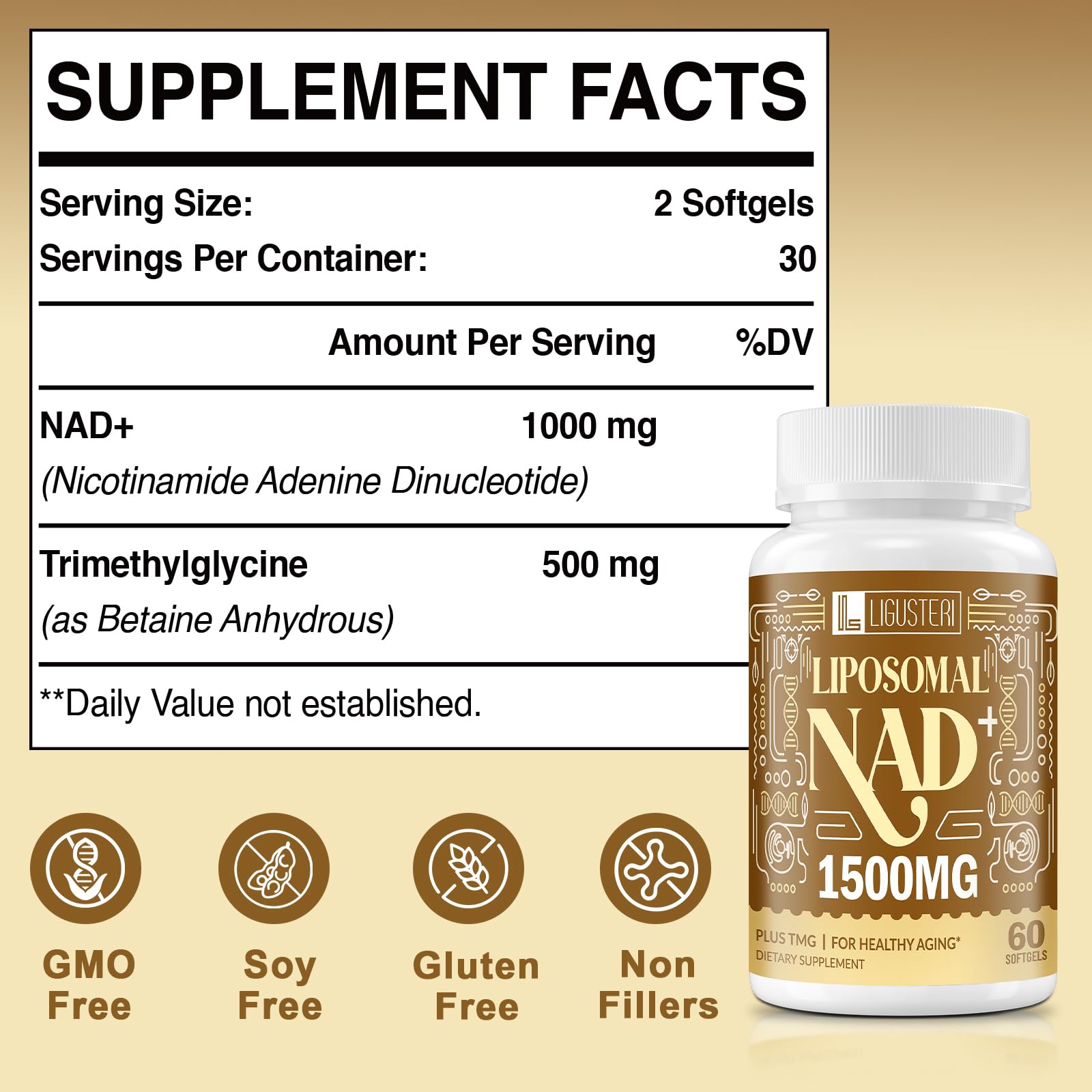 LIGUSTERI Liposomal NAD+ 1500 mg | NAD+ Supplement with TMG for Energy, Longevity & Brain Health | 180 Softgels