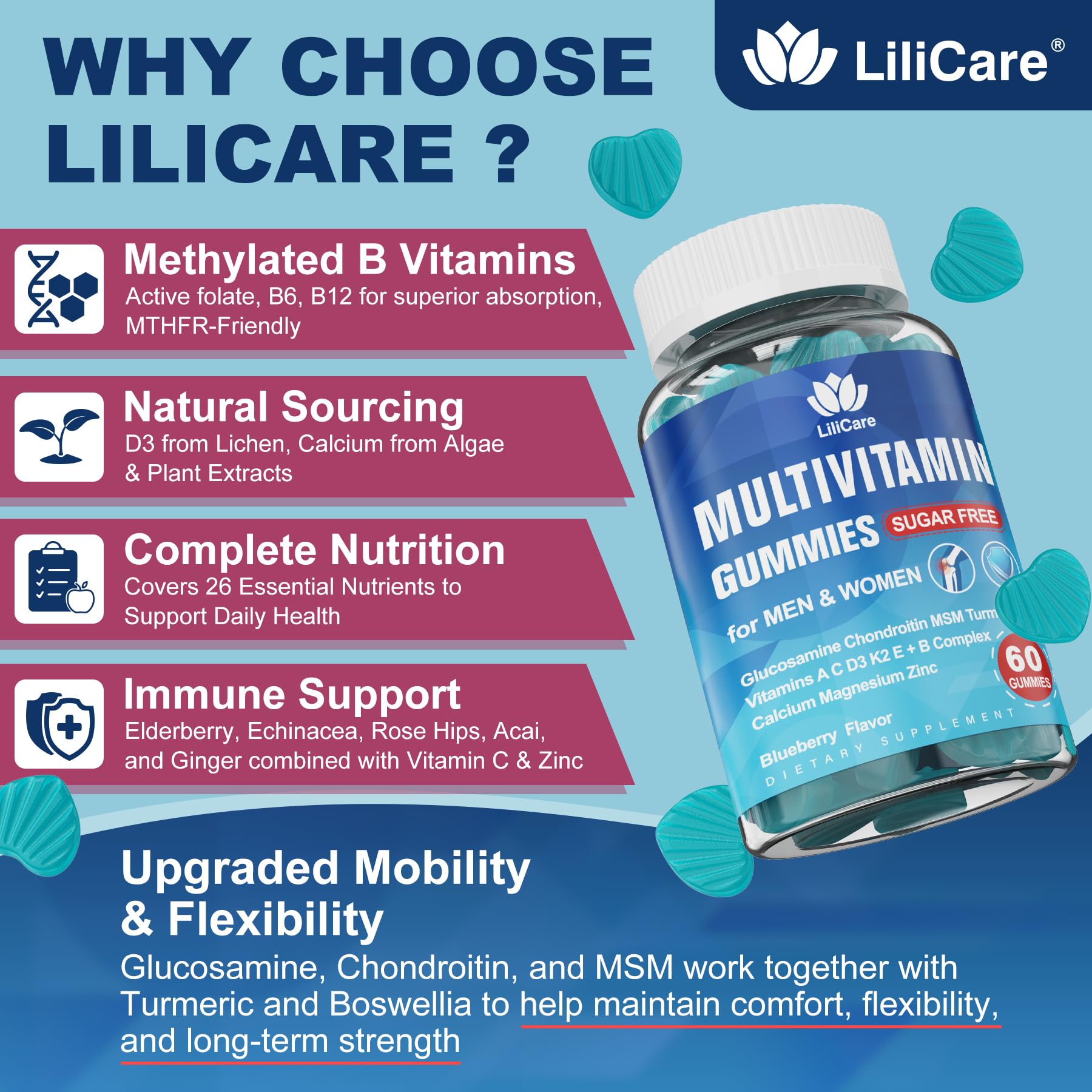 LILICARE Sugar Free Methylated Multivitamin 50+ Gummies with Glucosamine Chondroitin MSM