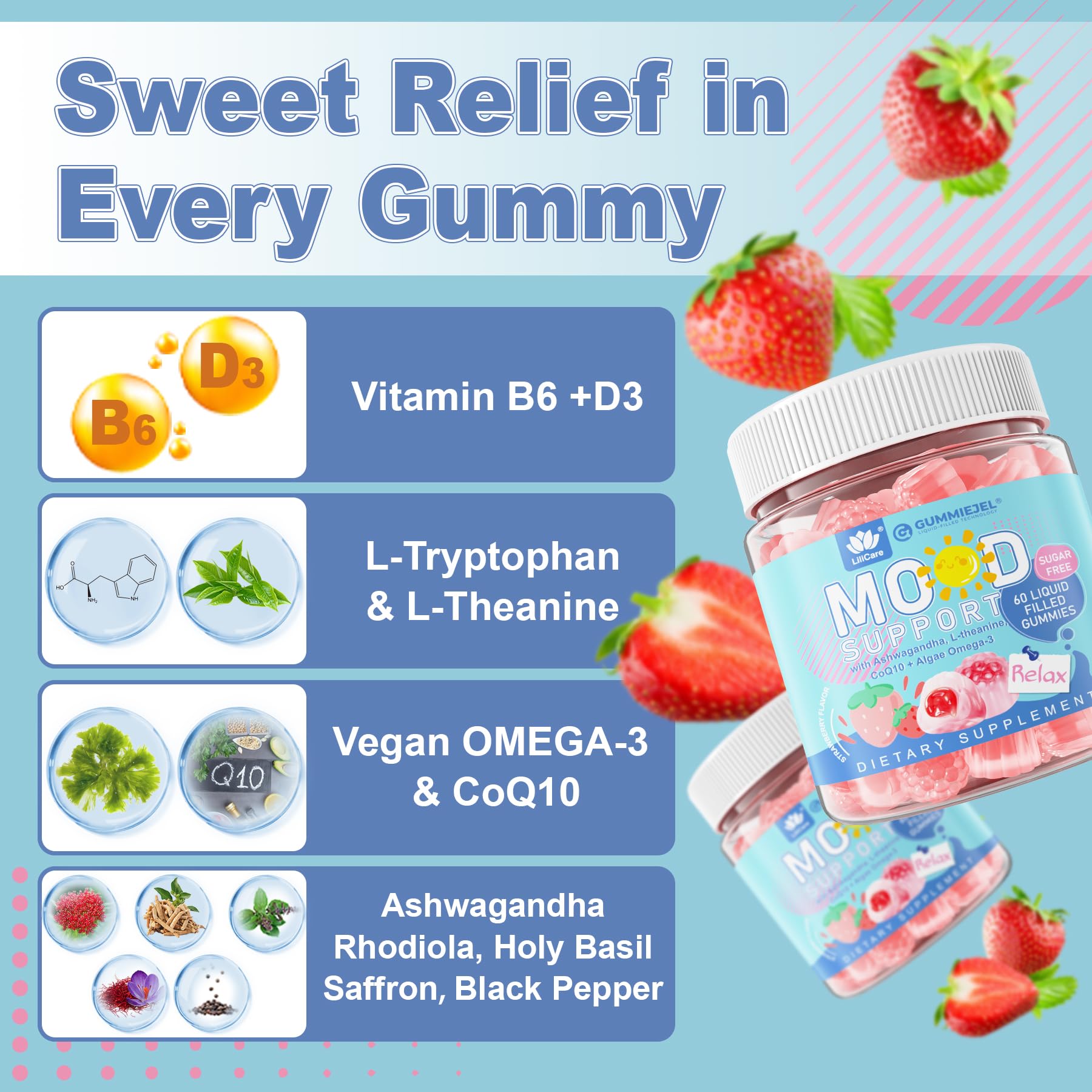 LILICARE Sugar Free Ashwagandha Mood Gummies – Calm Support, Vegan, 120 Count