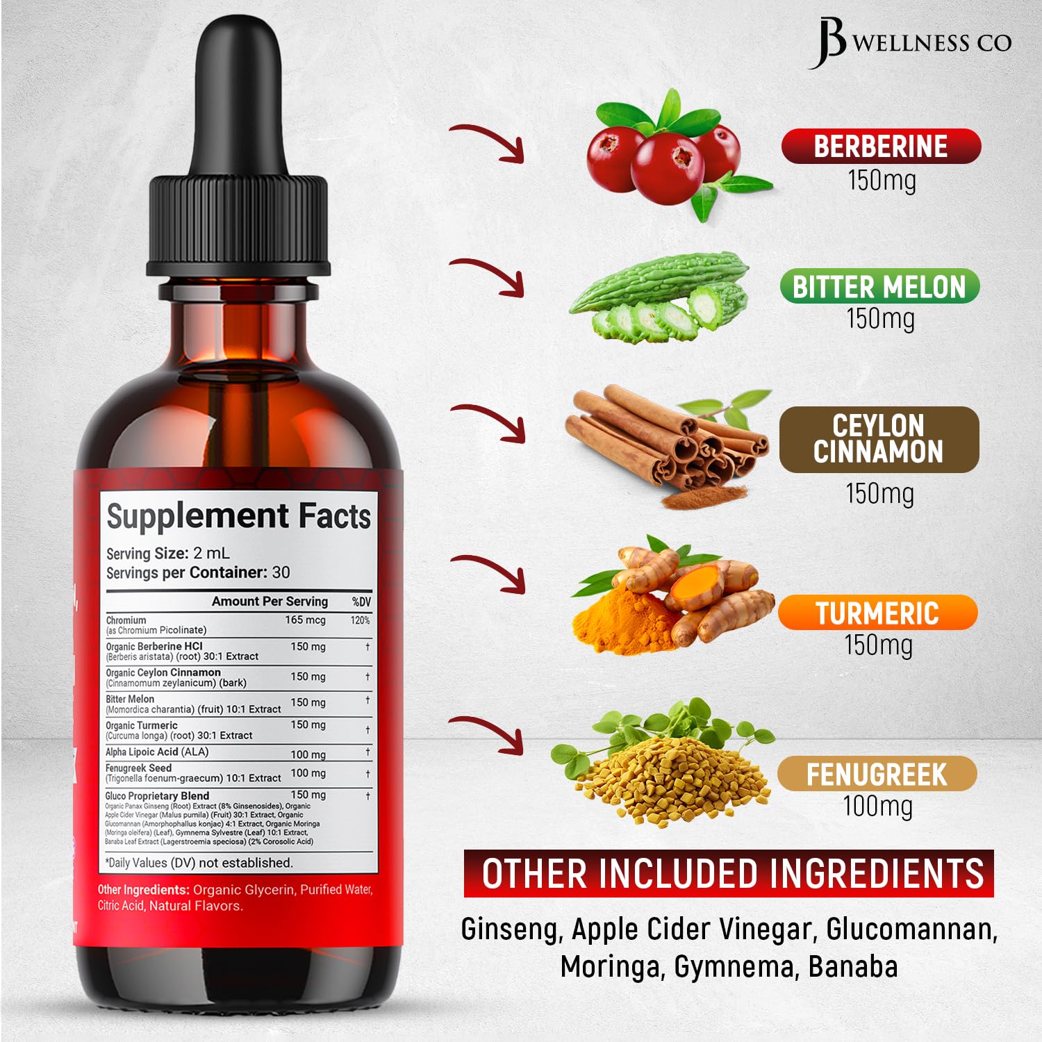 Berberine with Ceylon Cinnamon Liquid Drops – Bitter Melon, Gymnema, Glucomannan, Chromium, Turmeric, Ginseng, Moringa (4 OZ)