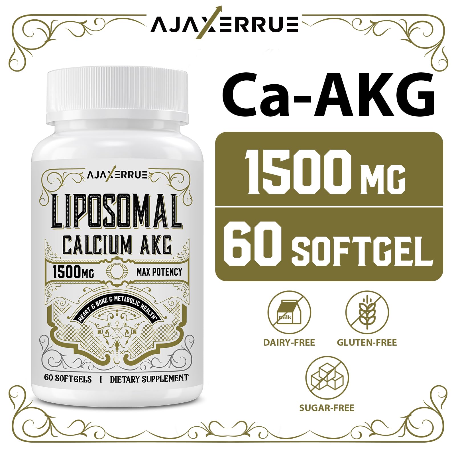 AJAXERRUE Liposomal Calcium AKG 1500 MG | Energy, Longevity & Metabolic Support | 180 Softgels
