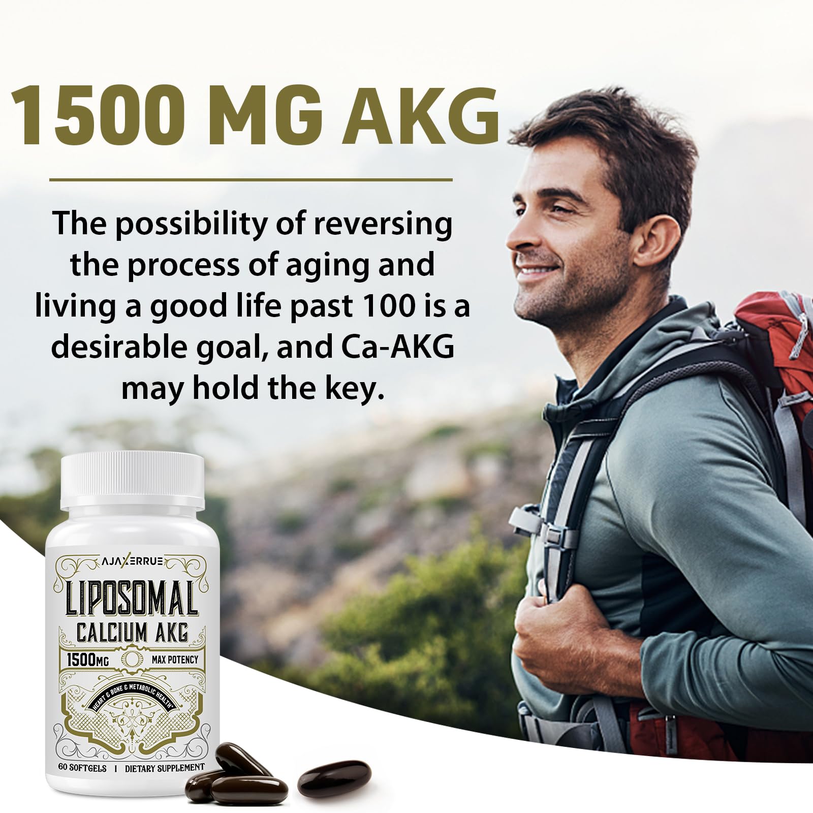 AJAXERRUE Liposomal Calcium AKG 1500 MG | Energy, Longevity & Metabolic Support | 180 Softgels