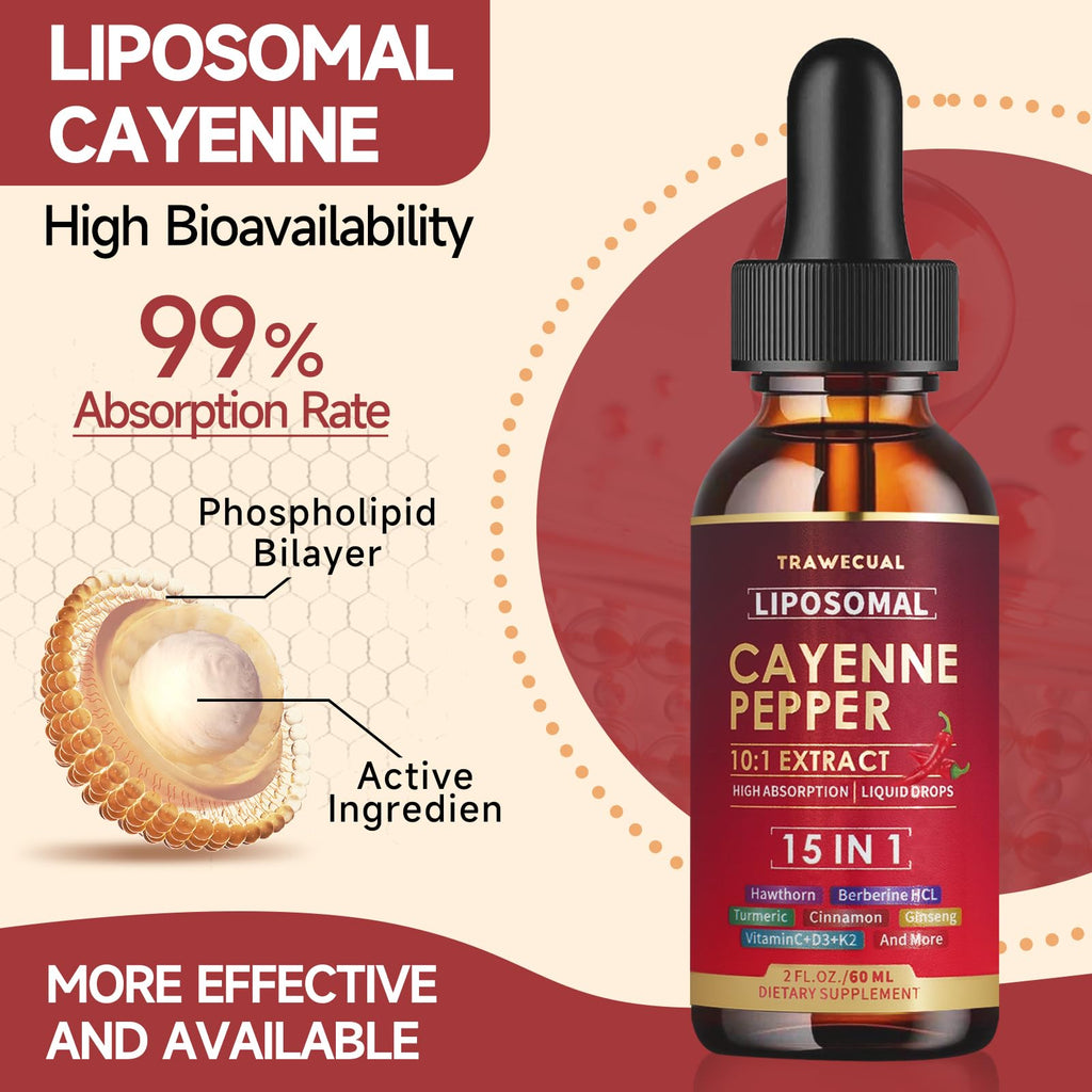 15-in-1 Liposomal Cayenne Pepper Drops with Vitamin D3 & K2 – Circulation & Digestion Support, 2 oz