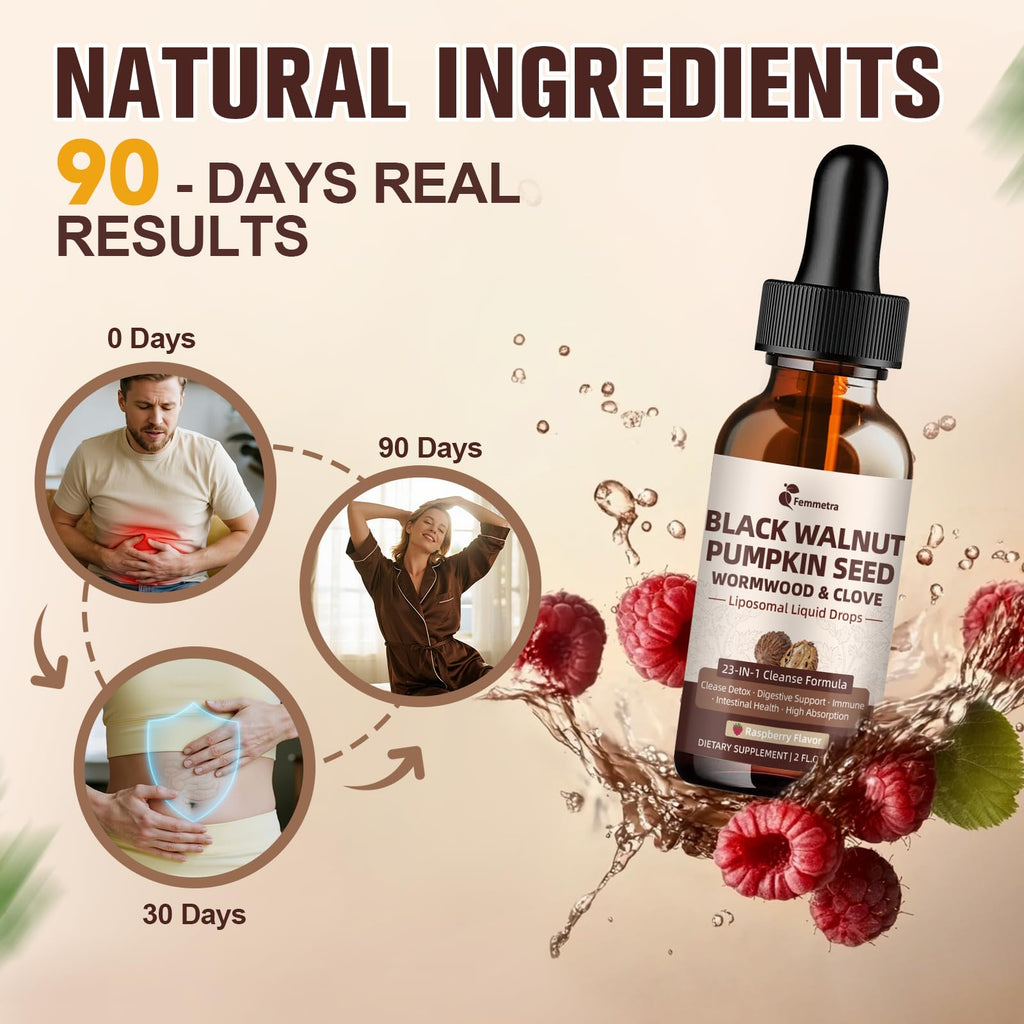 2-Pack Black Walnut Wormwood Clove Cleanse Drops - 23-in-1 Gut Health, Raspberry Flavor, 4 oz