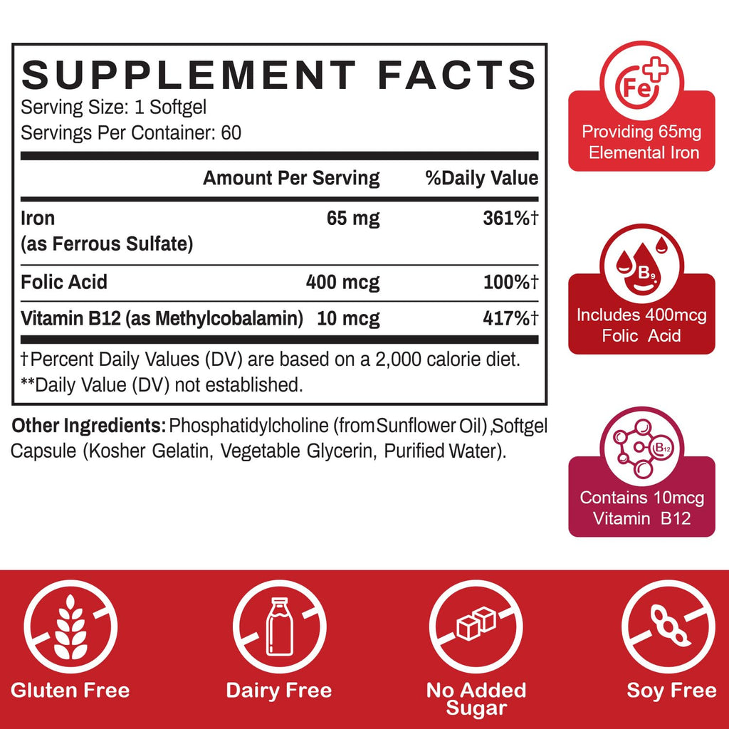 Liposomal Fe Iron Supplement for Women & Men - 65mg Iron with Folic Acid & B12 | 60 Softgels