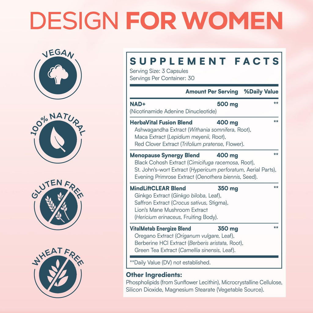 2000mg NAD Supplements for Women – Liposomal NAD+ with Ashwagandha, Berberine, Ginkgo & Black Cohosh | 90 Capsules