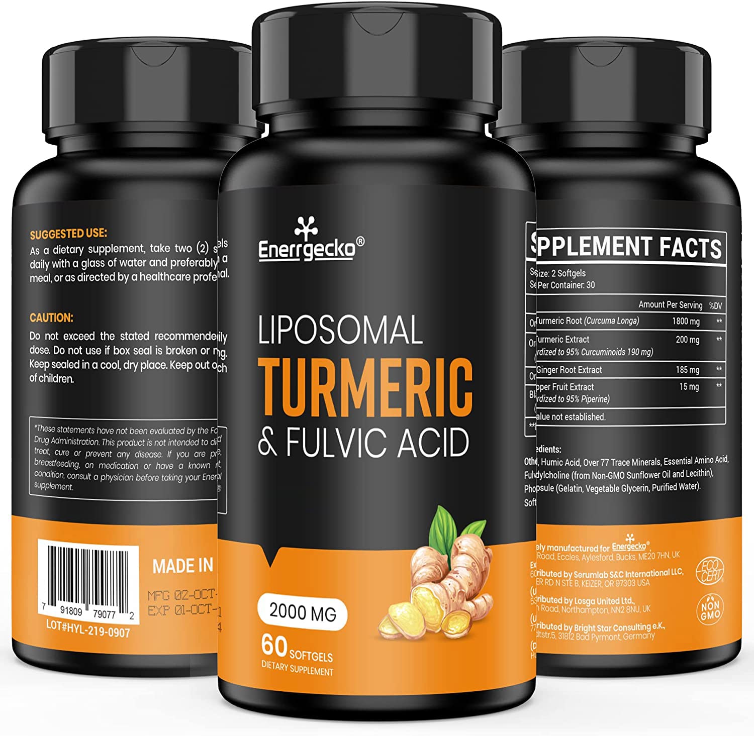 2000 mg Liposomal Turmeric Curcumin with Black Pepper & Ginger – Superior Absorption (60 Count)