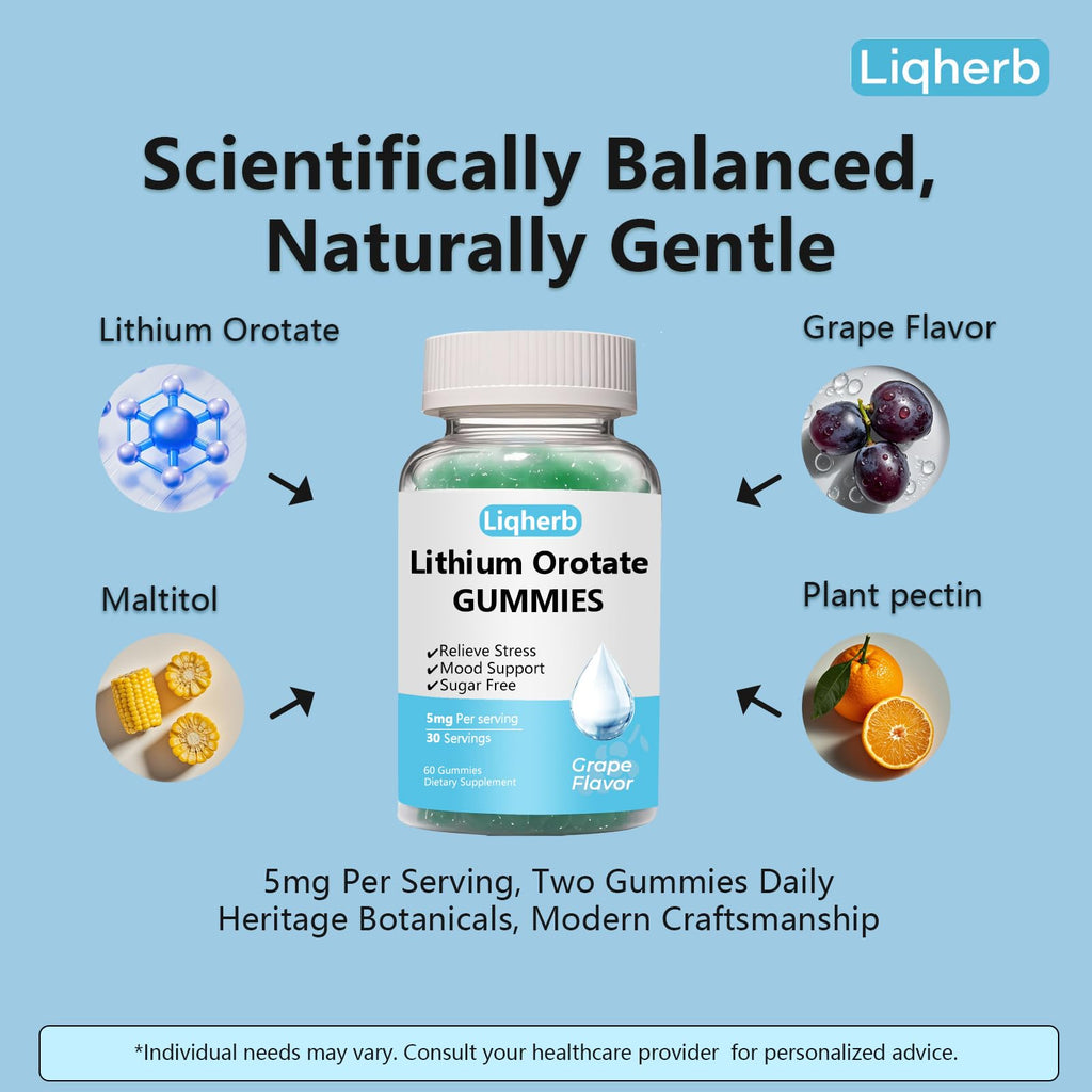 Liqherb Lithium Orotate 5mg Gummies – Mood Support & Stress Management, Vegan, Sugar-Free, Gluten-Free | Grape Flavor, 60 Gummies