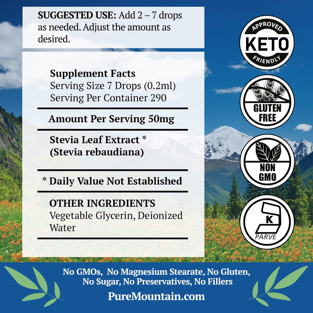 Liquid Stevia Drops – Alcohol Free and Kosher Sugar Substitute - 2oz Glass Bottle