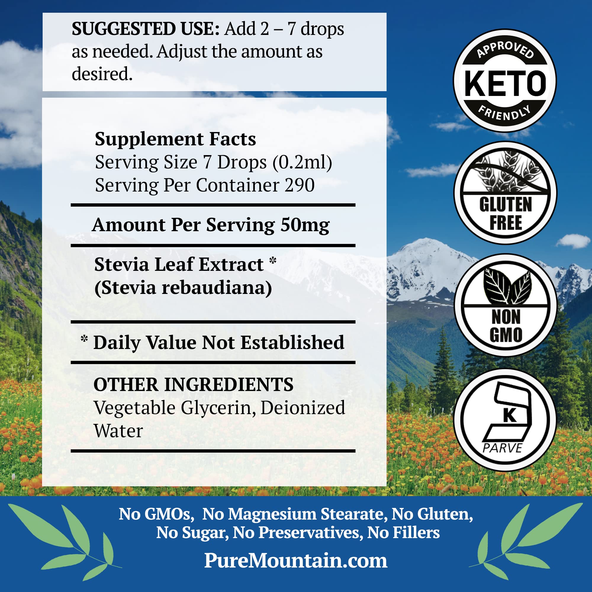Liquid Stevia Drops – Alcohol Free and Kosher Sugar Substitute - 2oz Glass Bottle