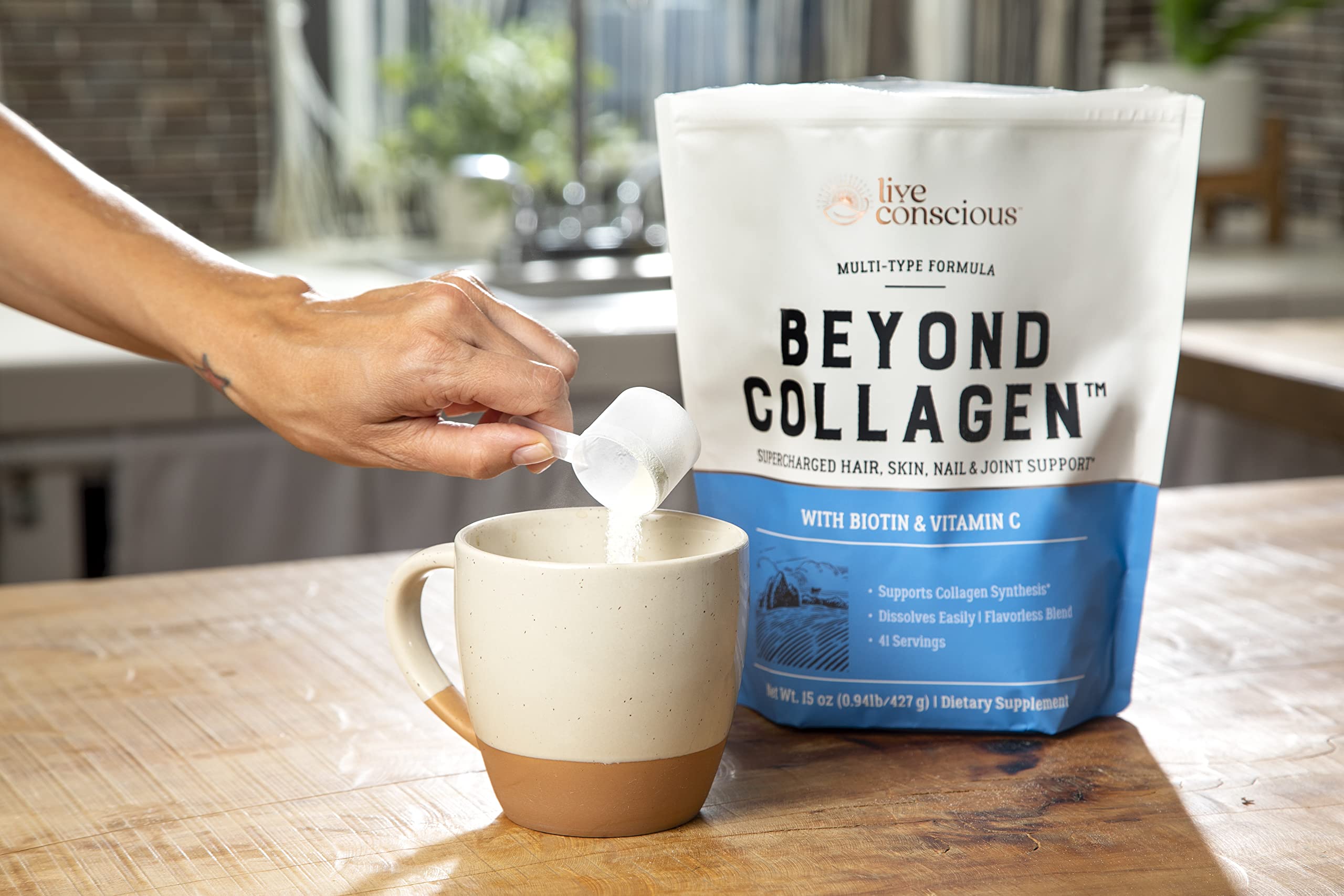 Live Conscious Beyond Collagen Powder for Women – 5 Types I, II, III, V & X, Biotin & Vitamin C, 41 Servings, Keto-Friendly