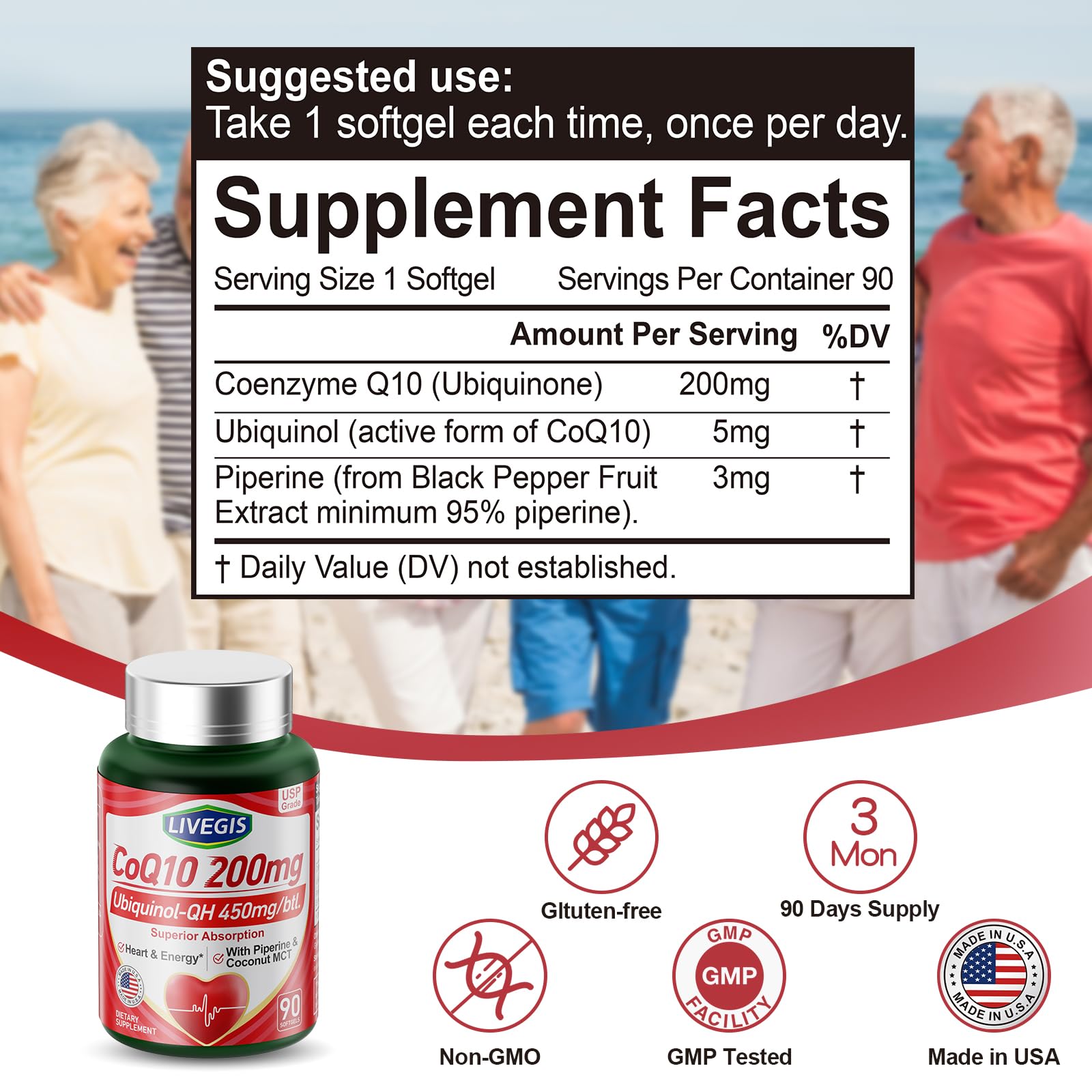 LIVEGIS CoQ10 200mg Softgels – Ubiquinone + MCT Oil, 2x90ct