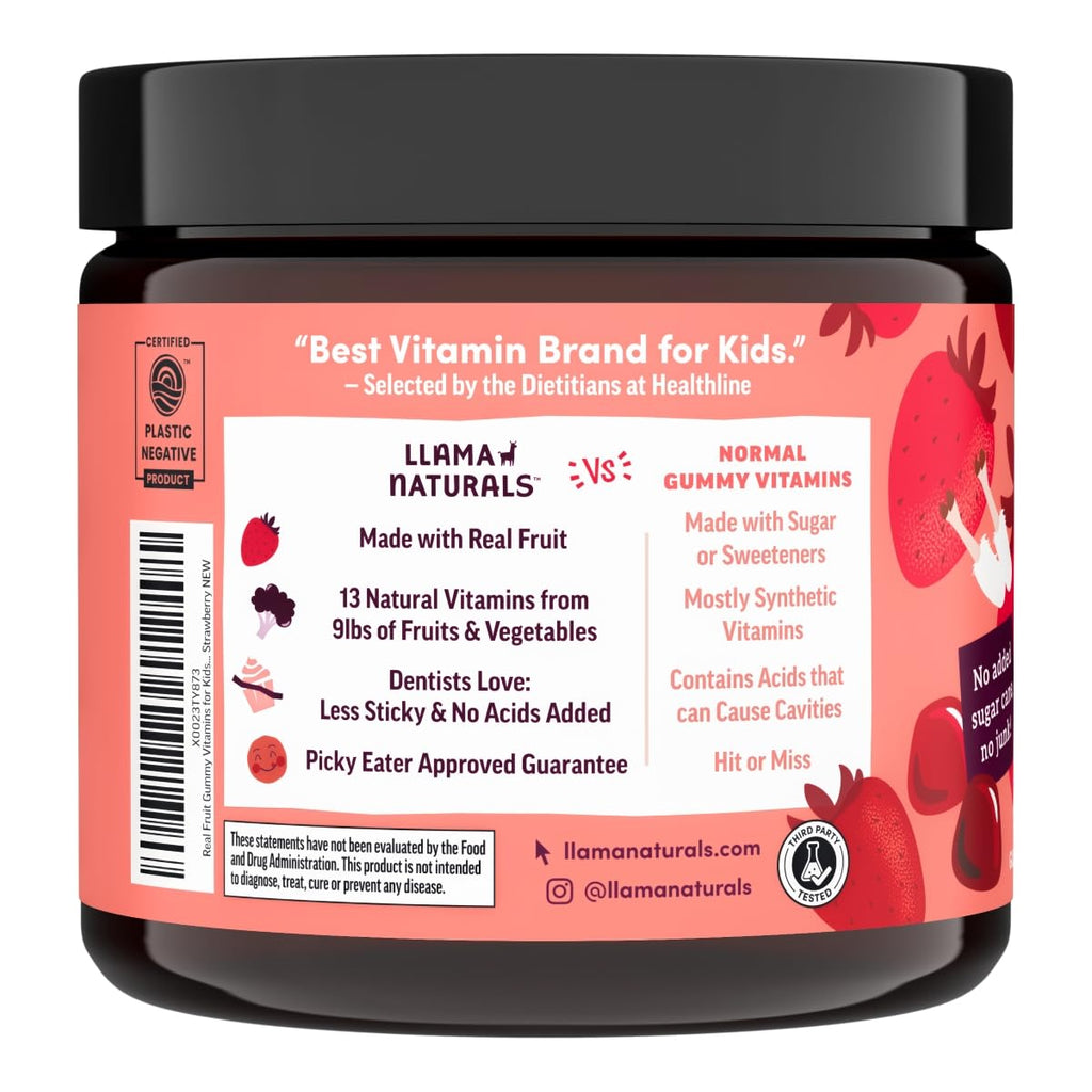 Llama Naturals Kids Multivitamin Gummies – Vegan Organic with Vitamins D, C & K | Strawberry 2 Pack