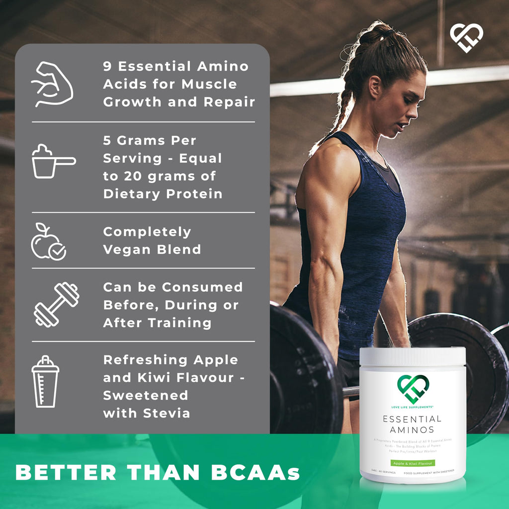 Love Life Supplements EAA Amino Acids Powder – 9 Essential Amino Acids, 60 Servings, Apple & Kiwi
