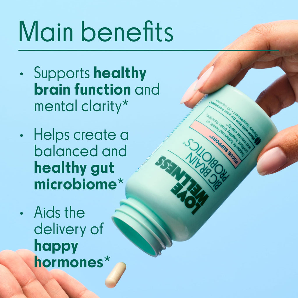 Love Wellness Big Brain Probiotics | Nootropics Brain Support Supplement | Brain Supplements for Memory and Focus | Promotes Mental Clarity & Mood | Organic Reishi, Chaga, & Lions Mane | 30 Count