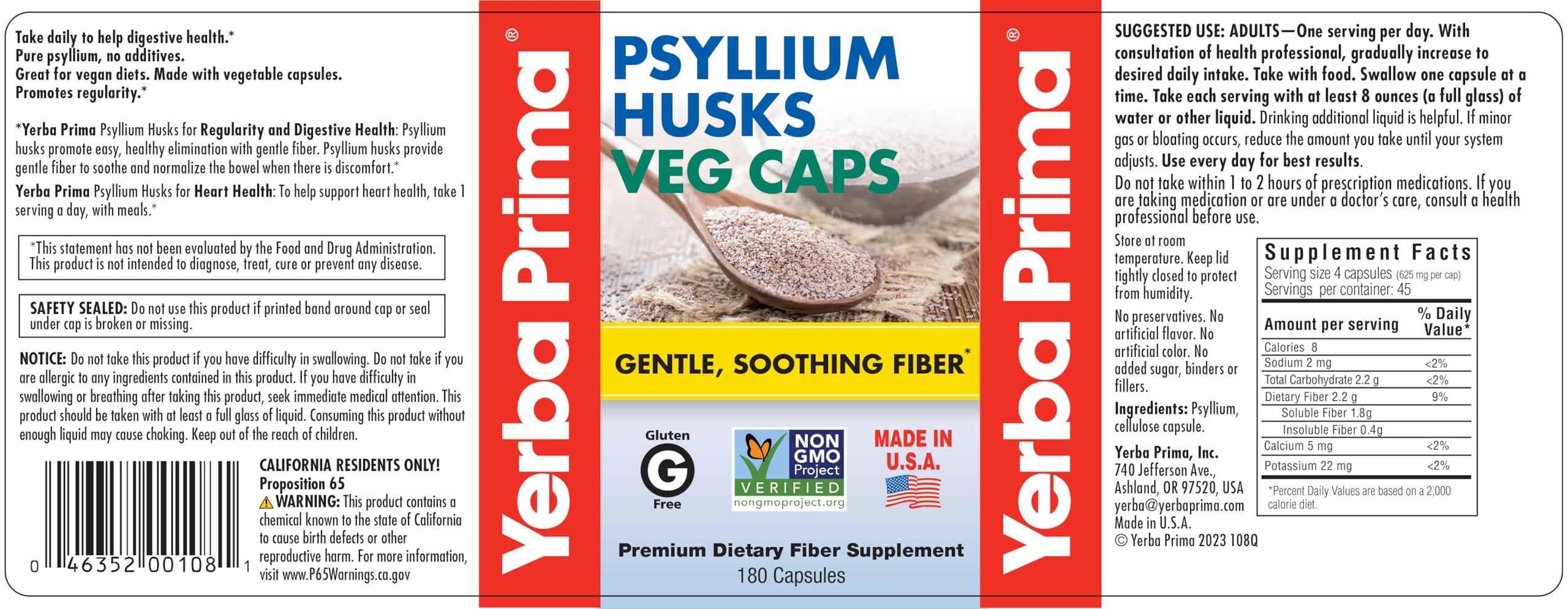 Yerba Prima Fiber Psyllium Husks Veg Caps - 180 Veg Caps