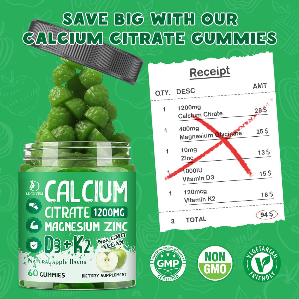 (2 Pack) Calcium Citrate 1200 mg Gummies with Vitamin D3 – Bone & Teeth Support (60 Day Vegan)