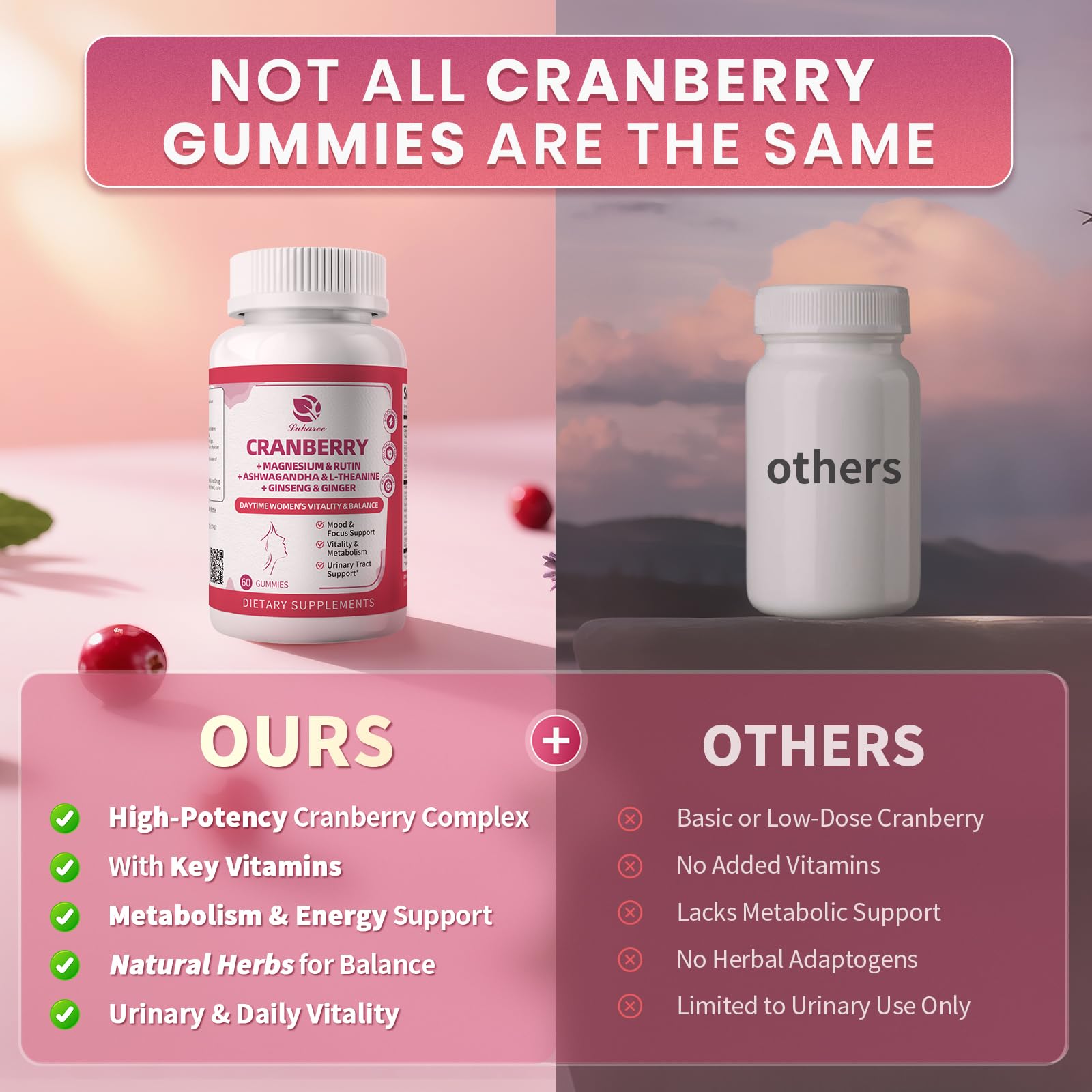 Lukaree Cranberry Gummies for Women – UTI Support, Mood & Energy