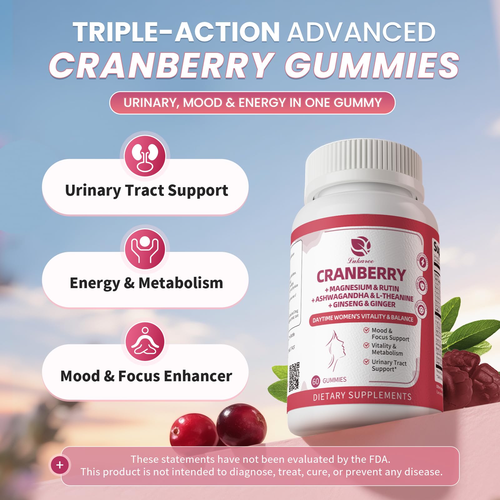 Lukaree Cranberry Gummies for Women – UTI Support, Mood & Energy