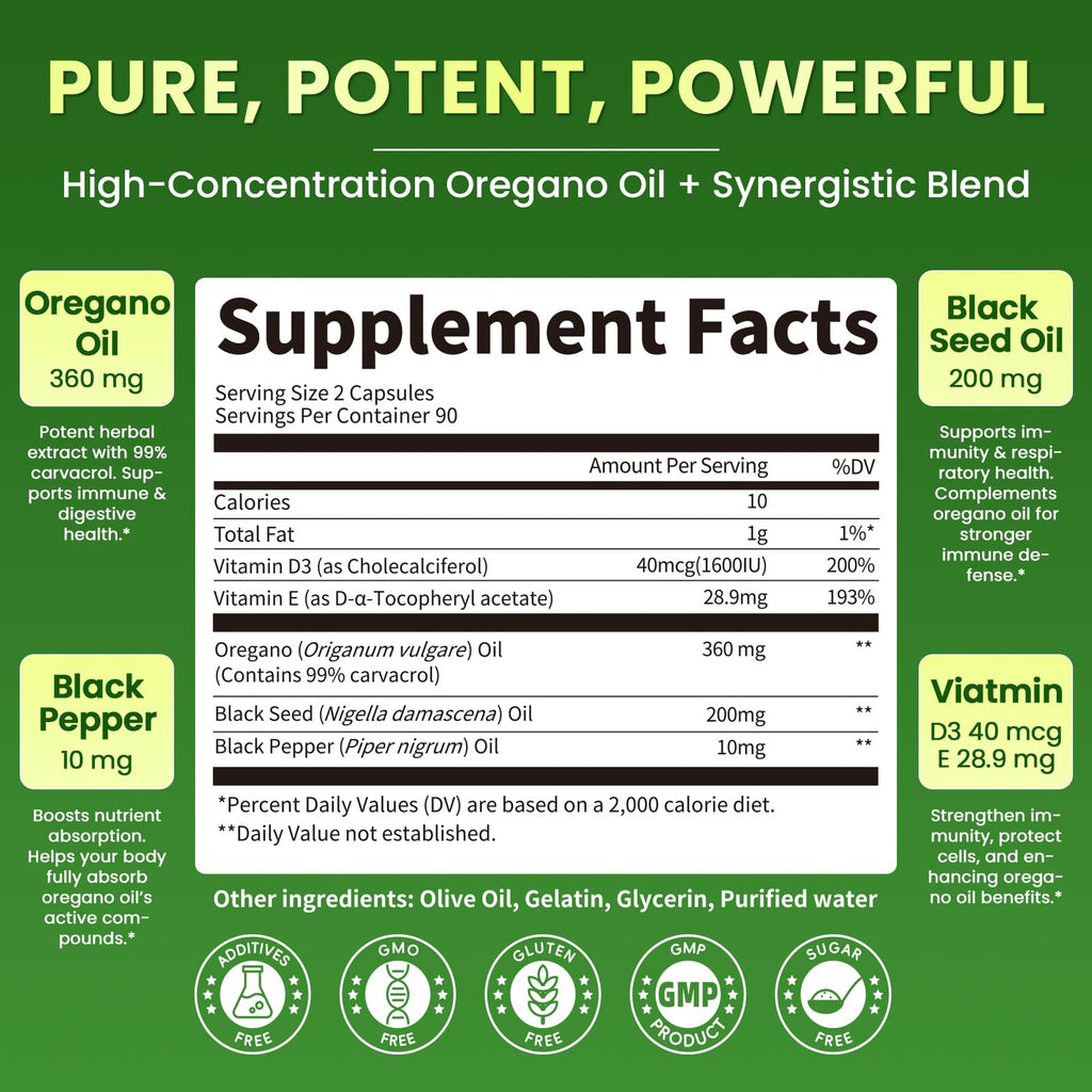 Lukaree Organic Oregano Oil Capsules with Black Seed Oil – 99% Carvacrol, 5-in-1 with Vitamin D3 & E, Black Pepper | 2-Pack