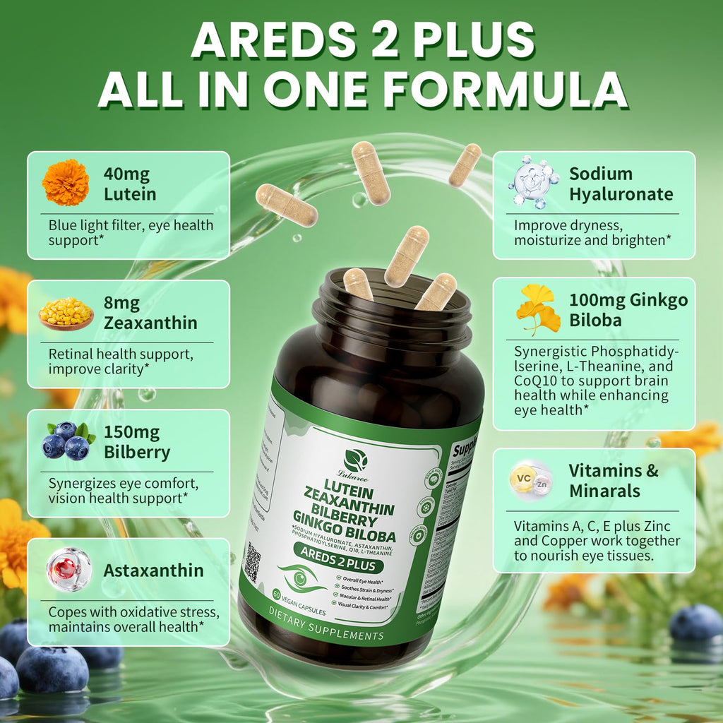 Lutein & Zeaxanthin AREDS 2 Eye Vitamins - Bilberry, Astaxanthin & Ginkgo - 60 Capsules