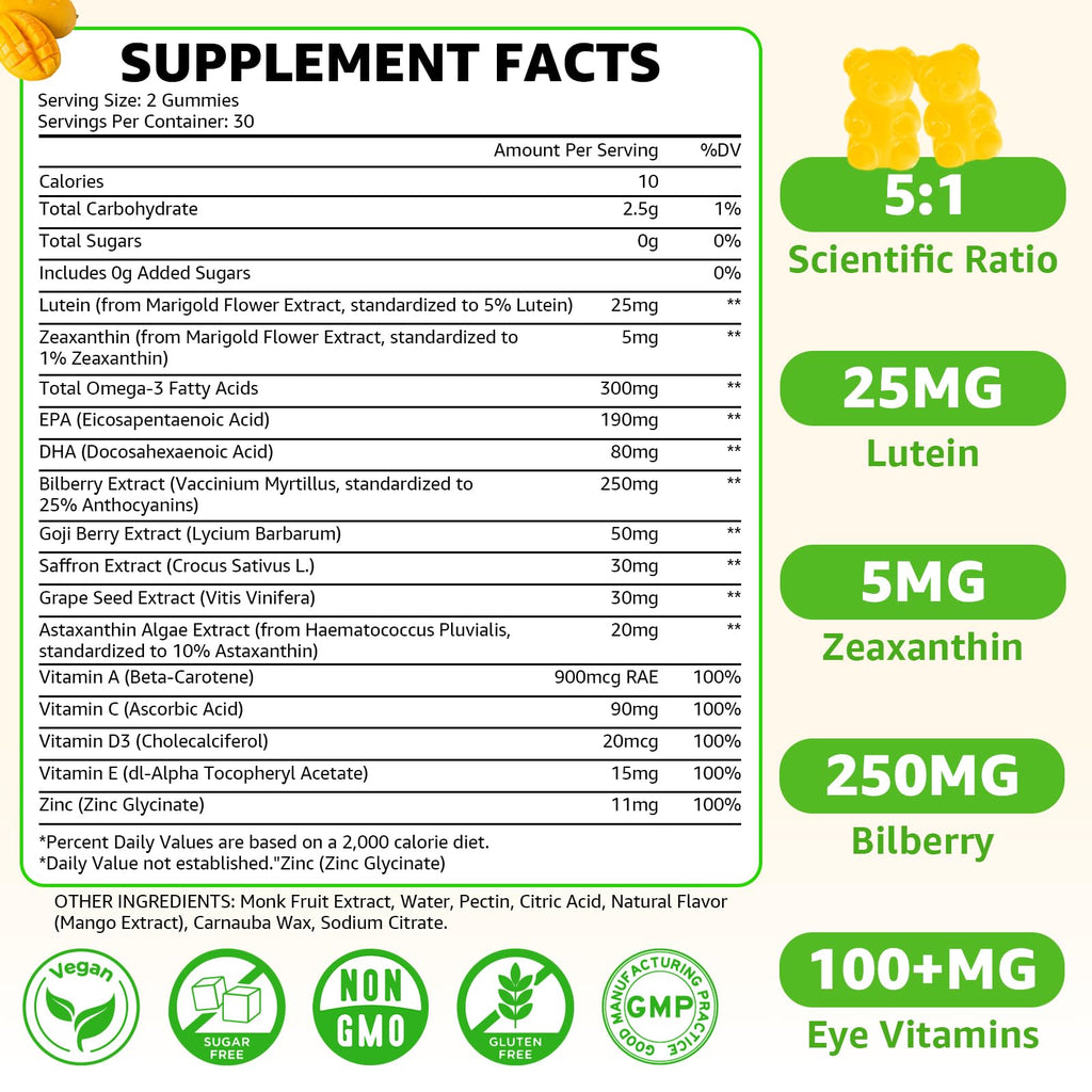 Sugar Free Lutein Gummies 25mg – Eye Health, 60 Count (Vegan)