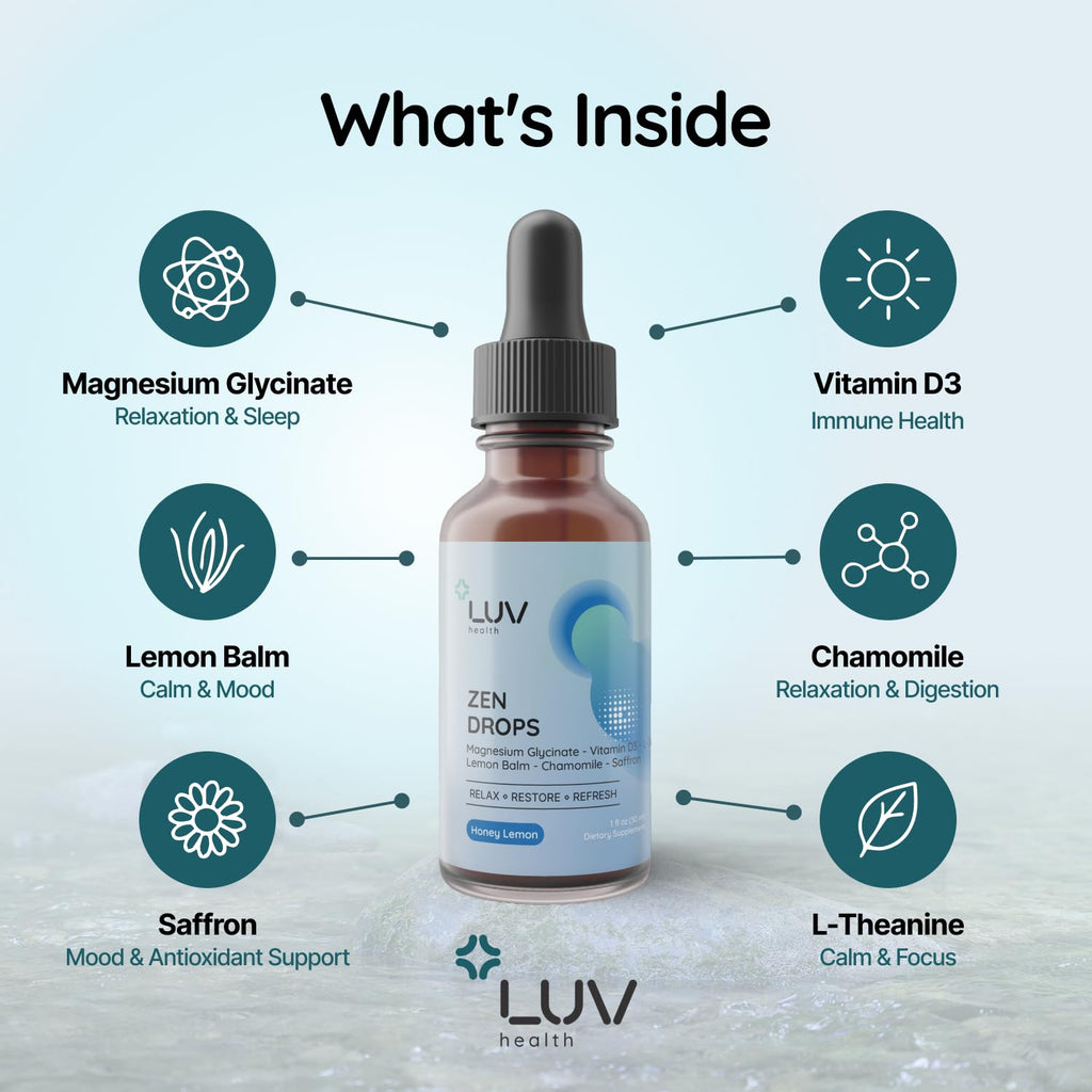 LUV Zen Drops: Anxiety & Stress Support Drops with Magnesium Glycinate, Vitamin D3, L-Theanine | Vegan, Keto, USA Made