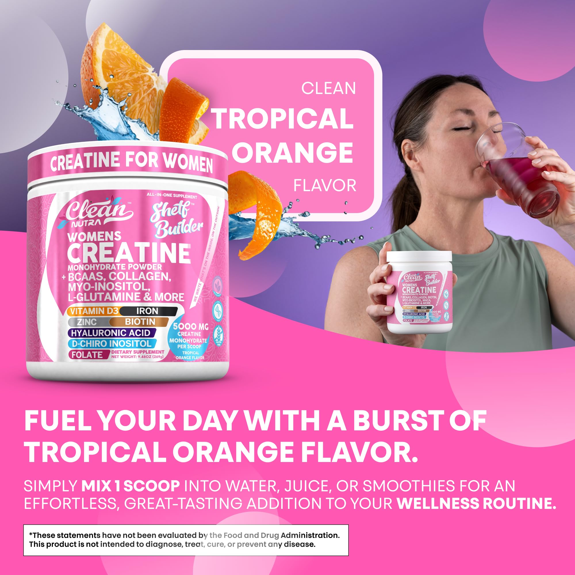 Creatine for Women | Creatine Monohydrate + BCAA Powder Myo-Inositol Collagen Biotin Hyaluronic Acid Folate L Glutamine Vitamin D3 Iron Zinc D-Chiro-Maca Digestion Shelf Builder by Clean Nutra