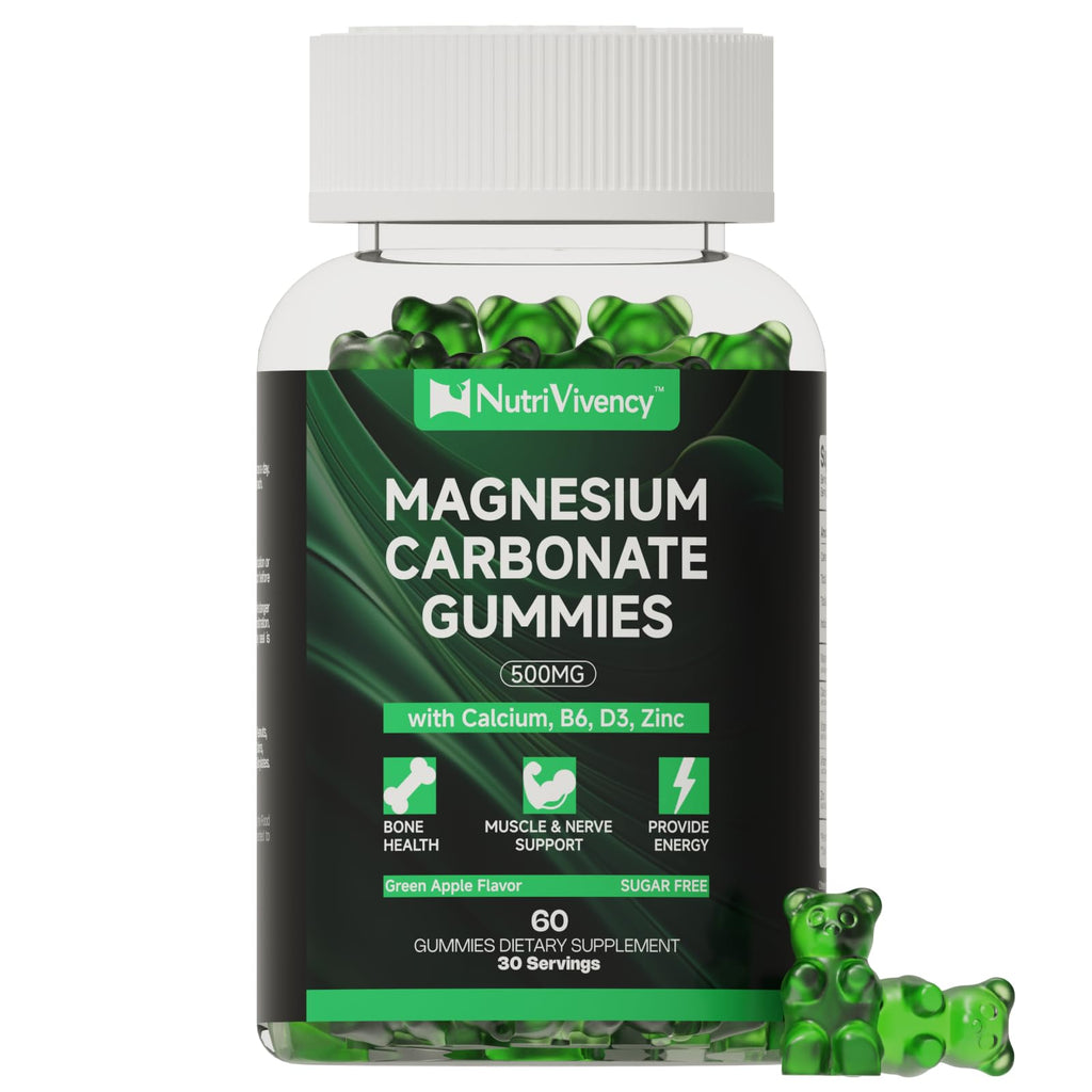 Magnesium Carbonate Gummies 500mg – Vegan, Sugar Free, Green Apple Flavor | Calcium, B6, D3 & Zinc | 30 Servings