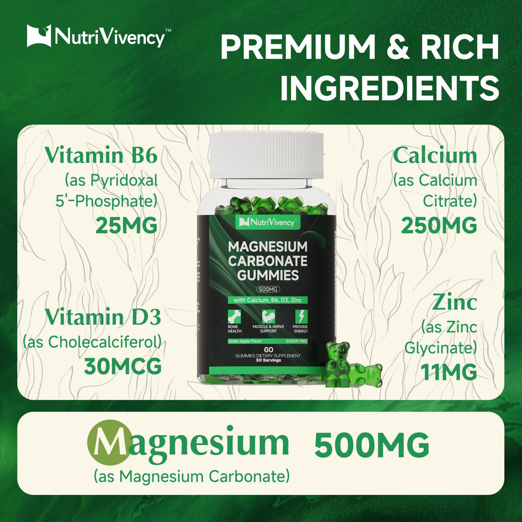 Magnesium Carbonate Gummies 500mg – Vegan, Sugar Free, Green Apple Flavor | Calcium, B6, D3 & Zinc | 30 Servings