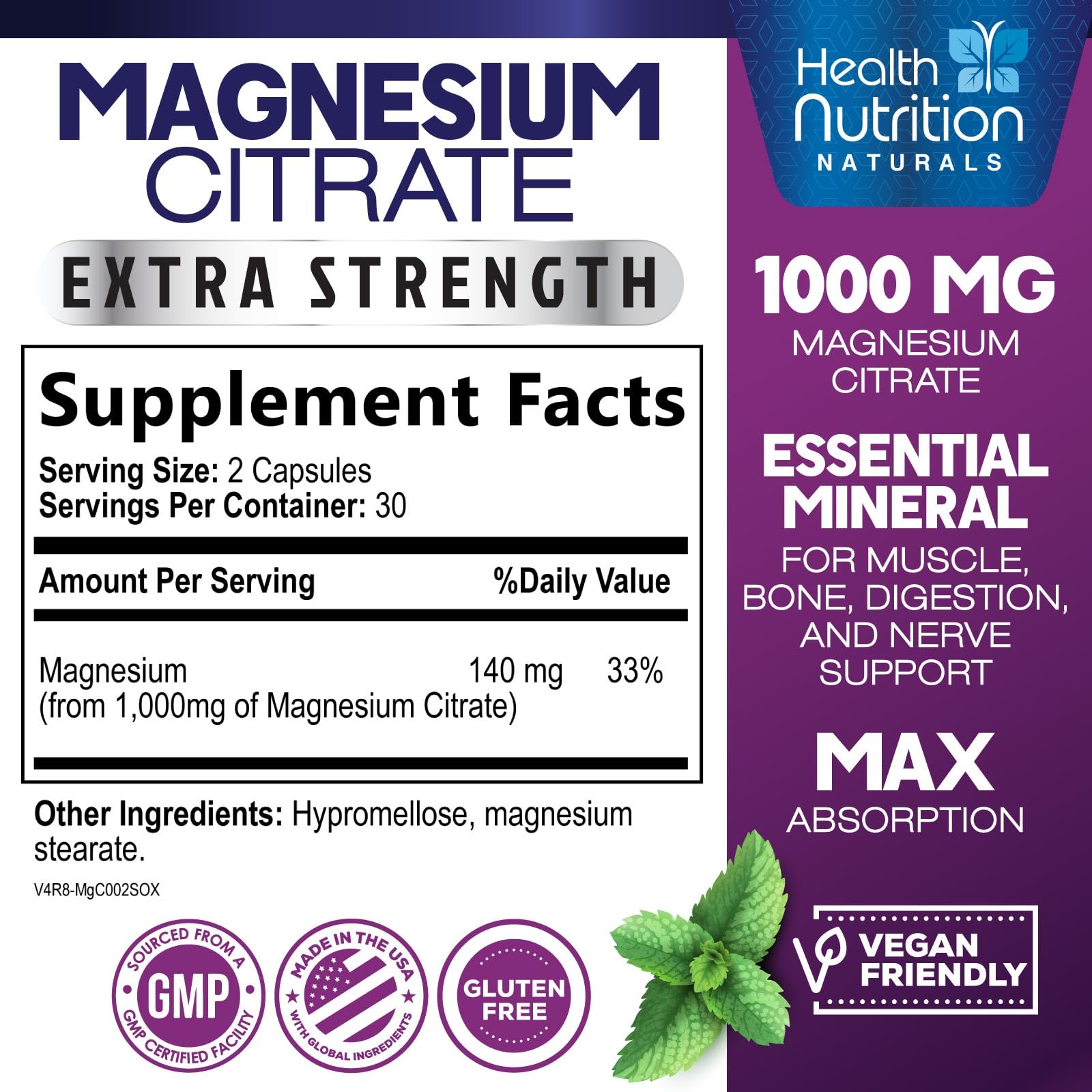 Magnesium Citrate Capsules 1000mg – High Absorption for Muscle, Nerve, Bone & Heart (60 Capsules)