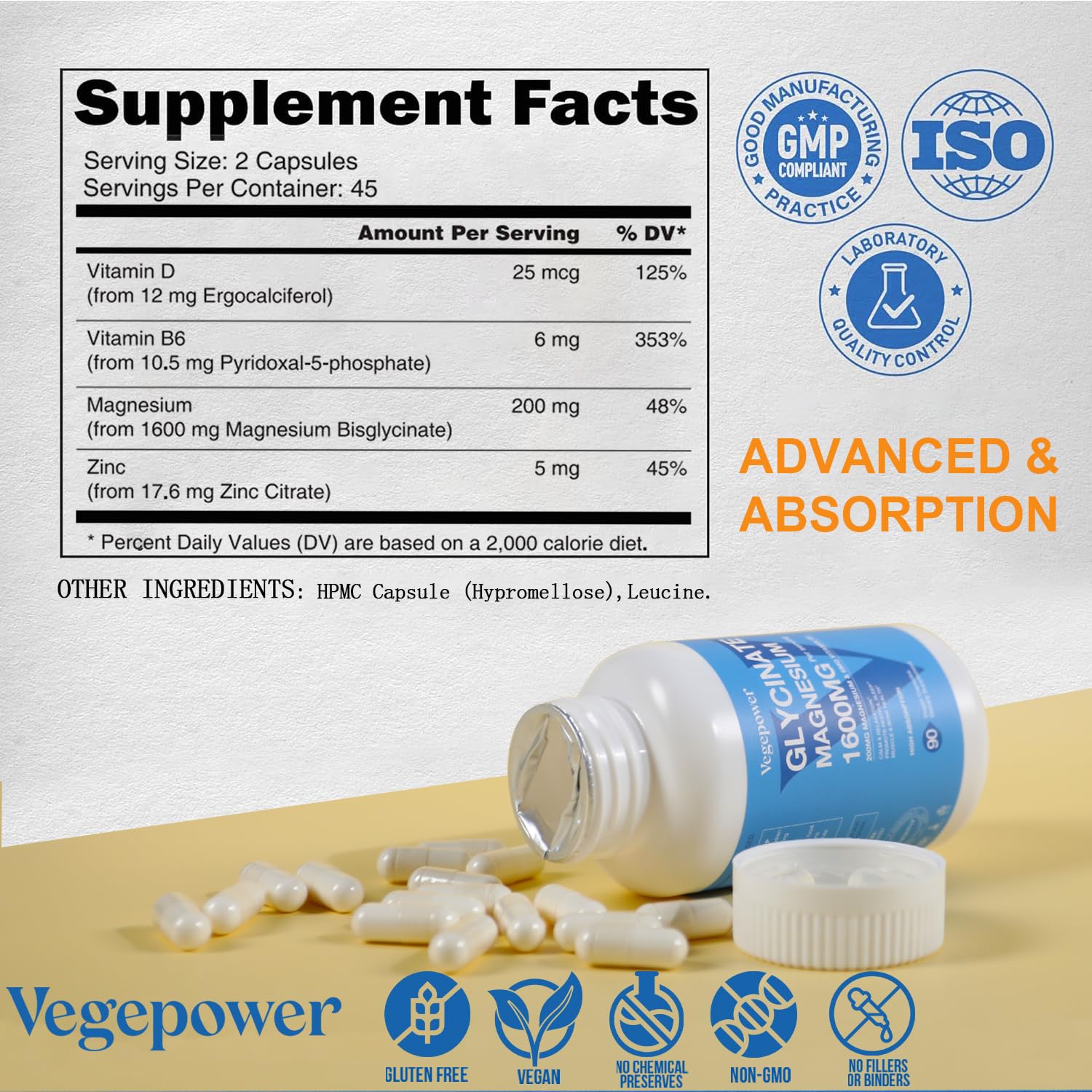 Magnesium Glycinate 1600mg - 90 Vegan Capsules with D3, B6 & Zinc