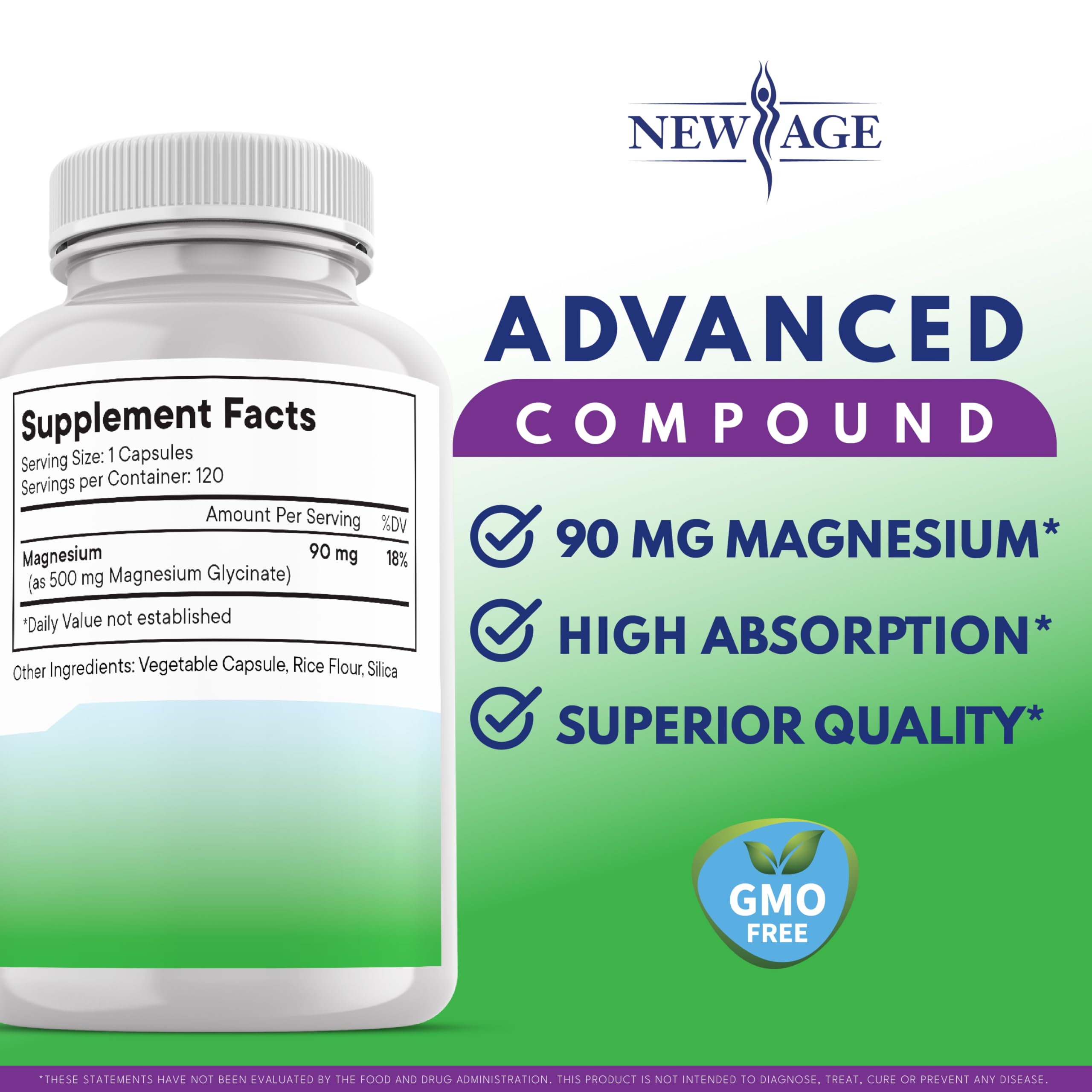 Magnesium Glycinate 500mg | 90mg Elemental Magnesium per Capsule | Muscle & Bone Health | 120 Vegan Capsules