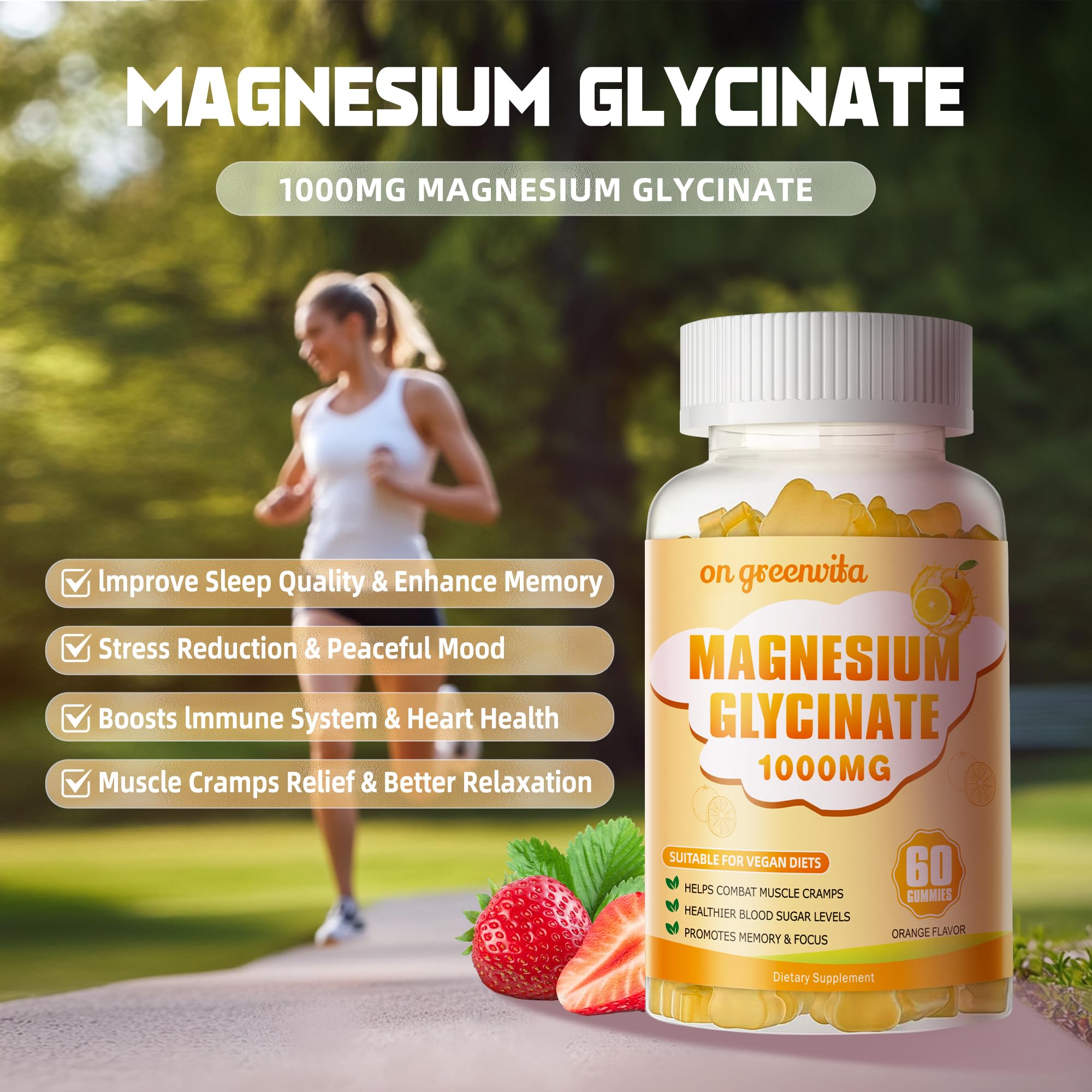 Magnesium Glycinate Gummies 1000mg – Sugar Free, Vitamin D, B6, CoQ10 | 60 Orange Gummies