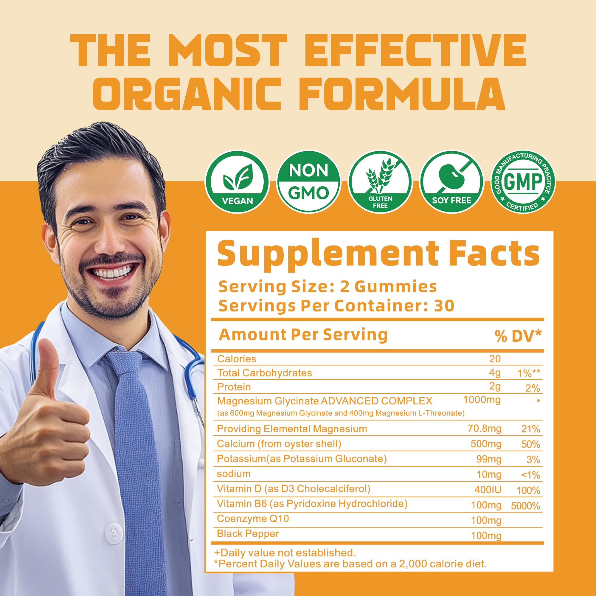 Magnesium Glycinate Gummies 1000mg – Sugar Free, Vitamin D, B6, CoQ10 | 60 Orange Gummies