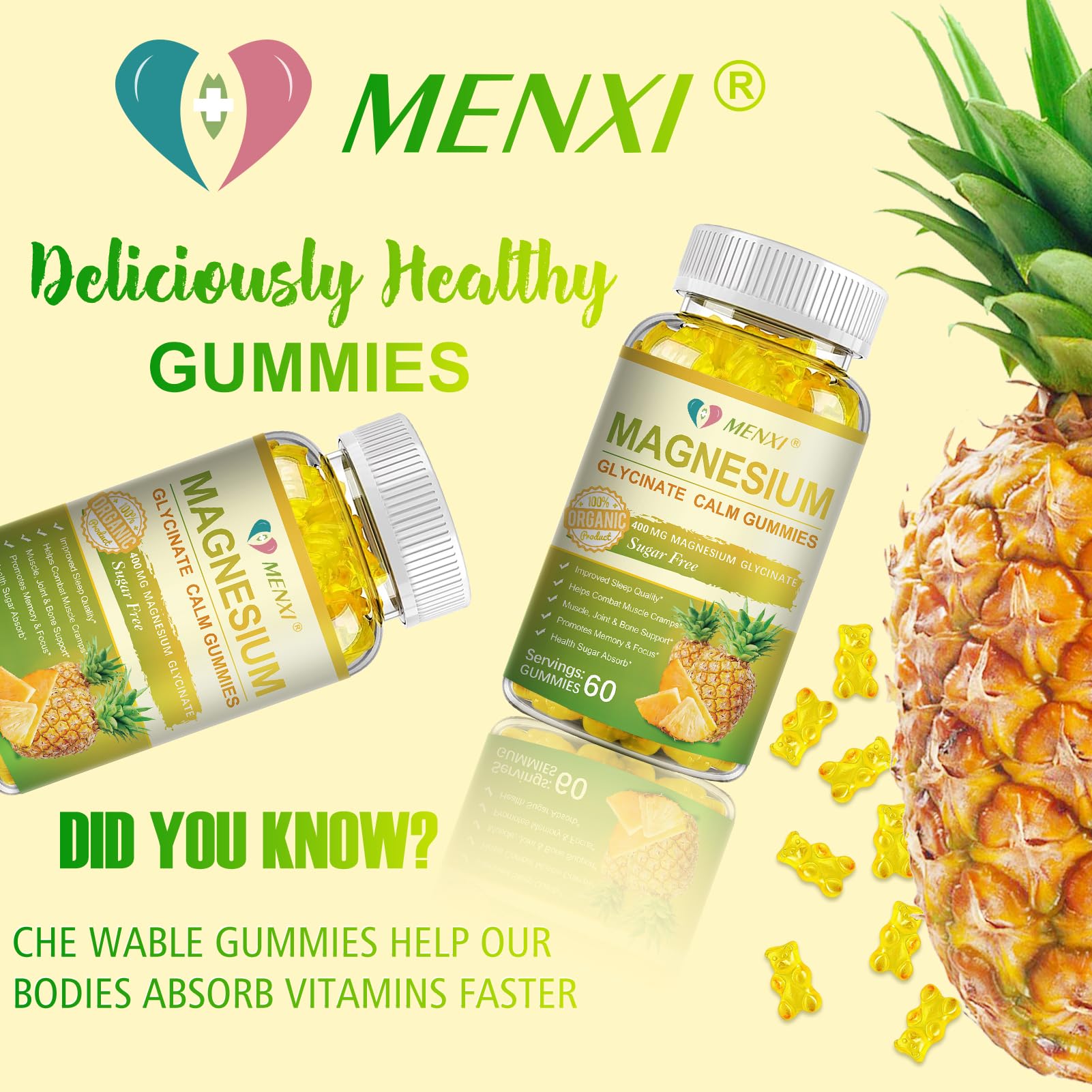 MENXI Magnesium Glycinate Gummies 400mg – Sugar Free Pineapple, Vitamin D, B6 & CoQ10 (120 Gummies)