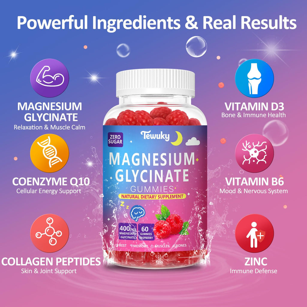 Magnesium Glycinate Gummies 400mg – Sugar Free Vegan (60 Raspberry Chewables) – 2 Pack
