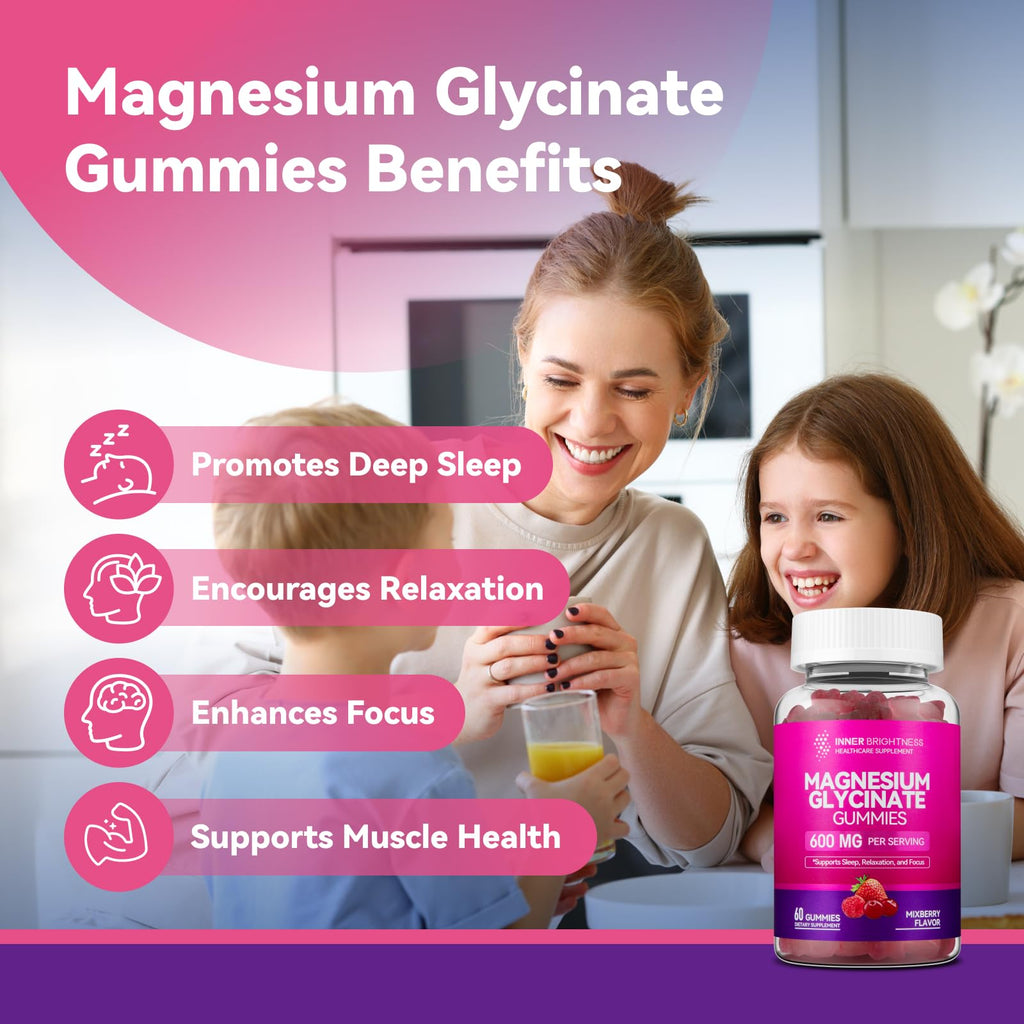 Magnesium Glycinate Gummies 600mg – Non-GMO, Gluten-Free | Sleep, Relaxation & Focus (60 Count)