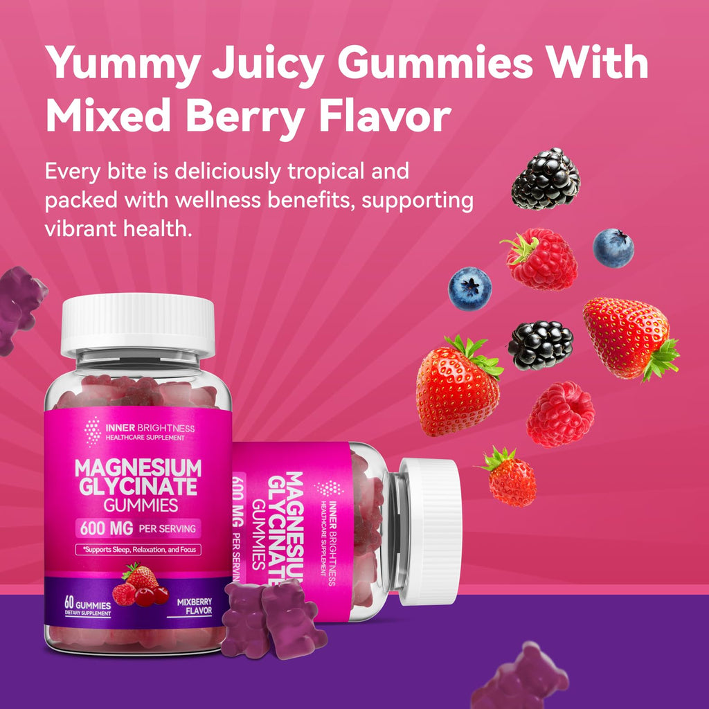 Magnesium Glycinate Gummies 600mg – Non-GMO, Gluten-Free | Sleep, Relaxation & Focus (60 Count)