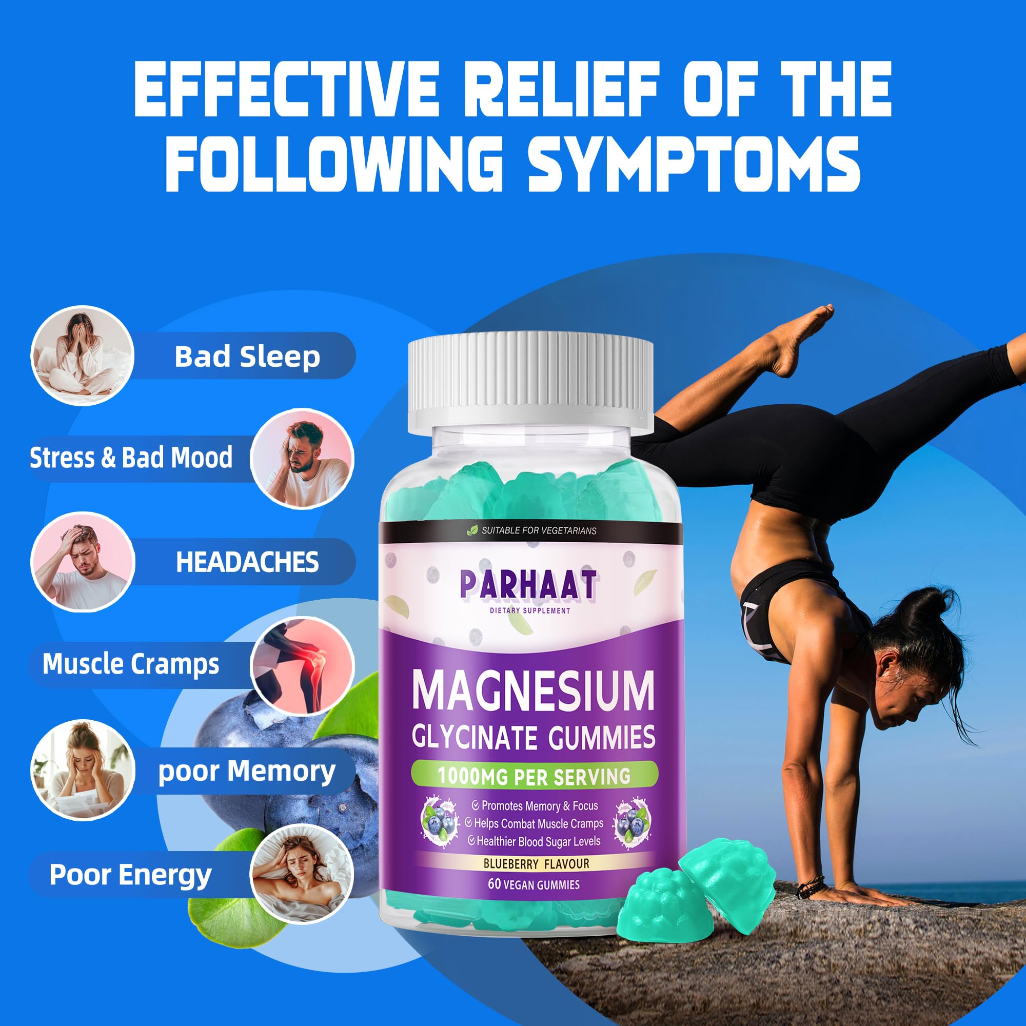 Magnesium Glycinate Gummies Sugar Free - Calm Mood & Sleep Support with Vitamin D, B6, CoQ10 - 60 Blueberry Chews
