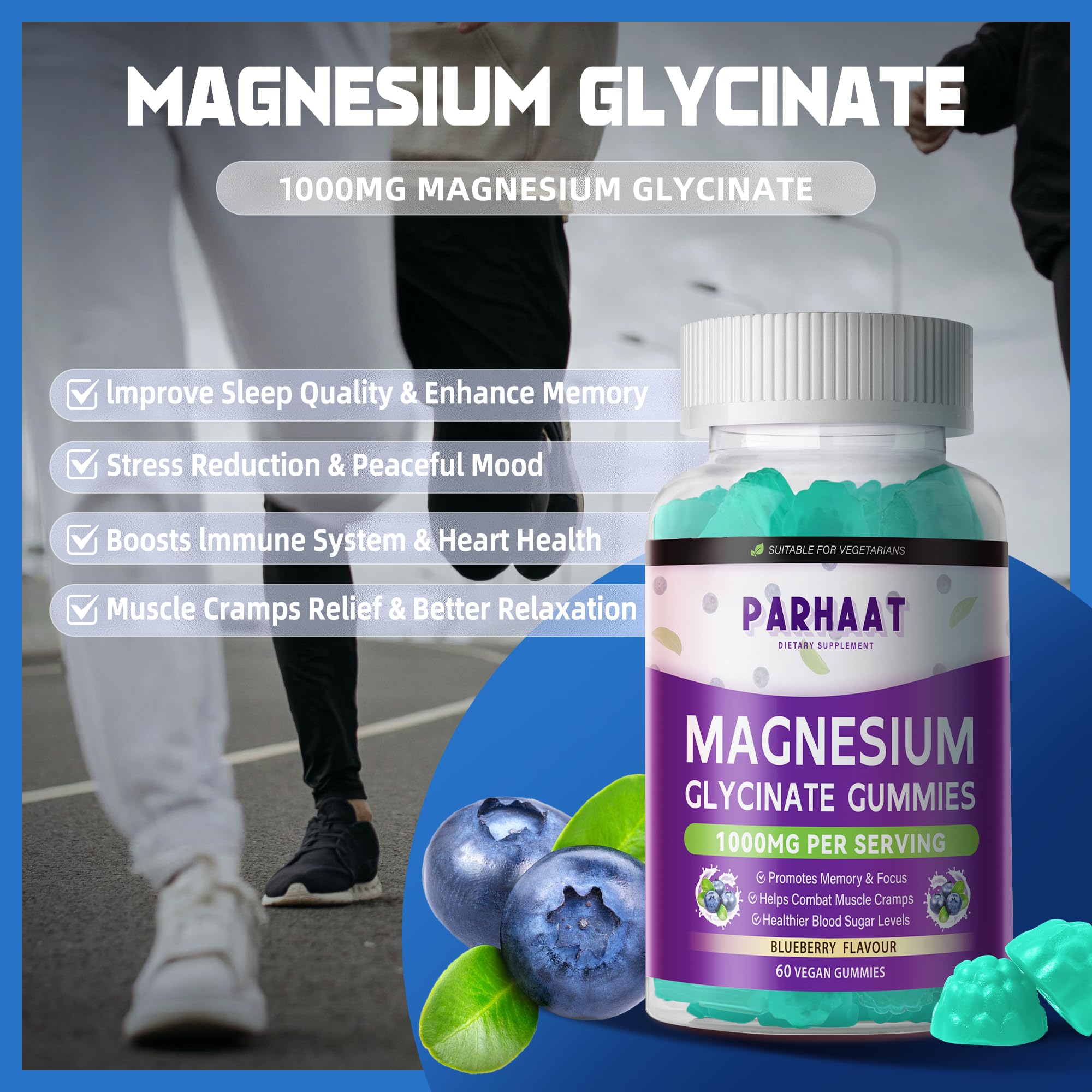 Magnesium Glycinate Gummies Sugar Free - Calm Mood & Sleep Support with Vitamin D, B6, CoQ10 - 60 Blueberry Chews