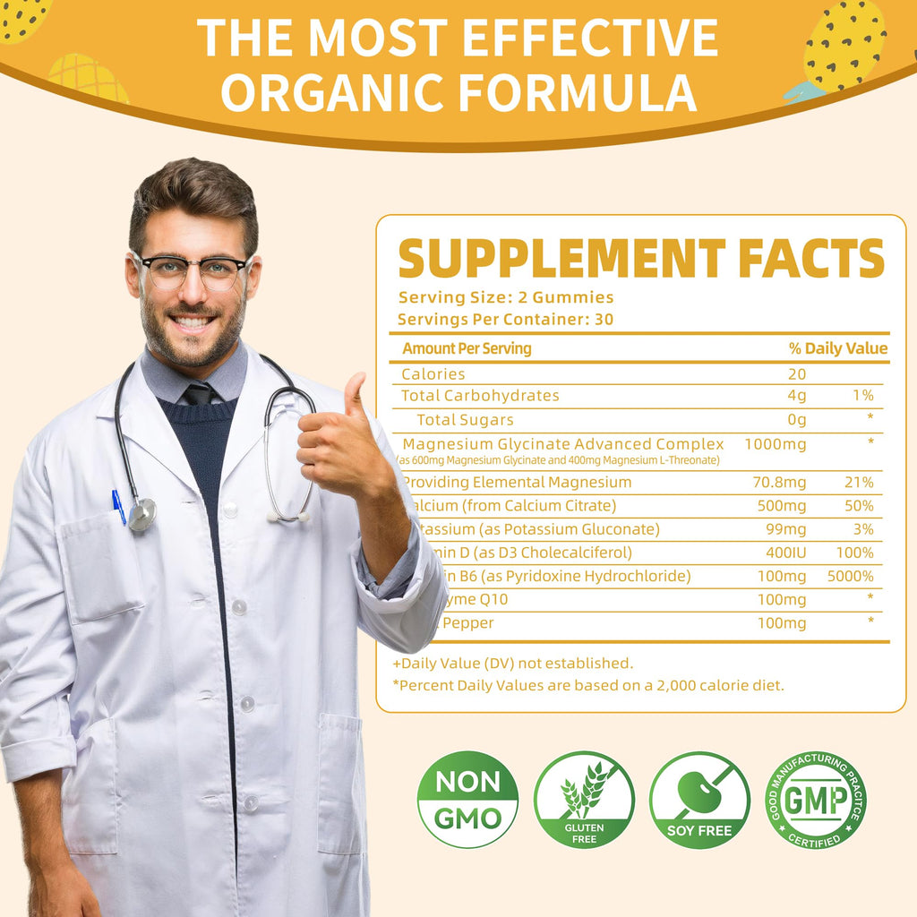 Magnesium Glycinate Gummies 1000mg – Sugar Free with Vitamin D, B6 & CoQ10 (60 Pineapple Gummies)