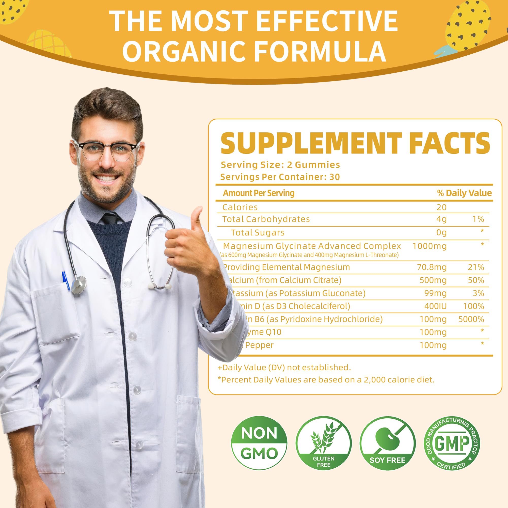 Magnesium Glycinate Gummies 1000mg – Sugar Free with Vitamin D, B6 & CoQ10 (60 Pineapple Gummies)