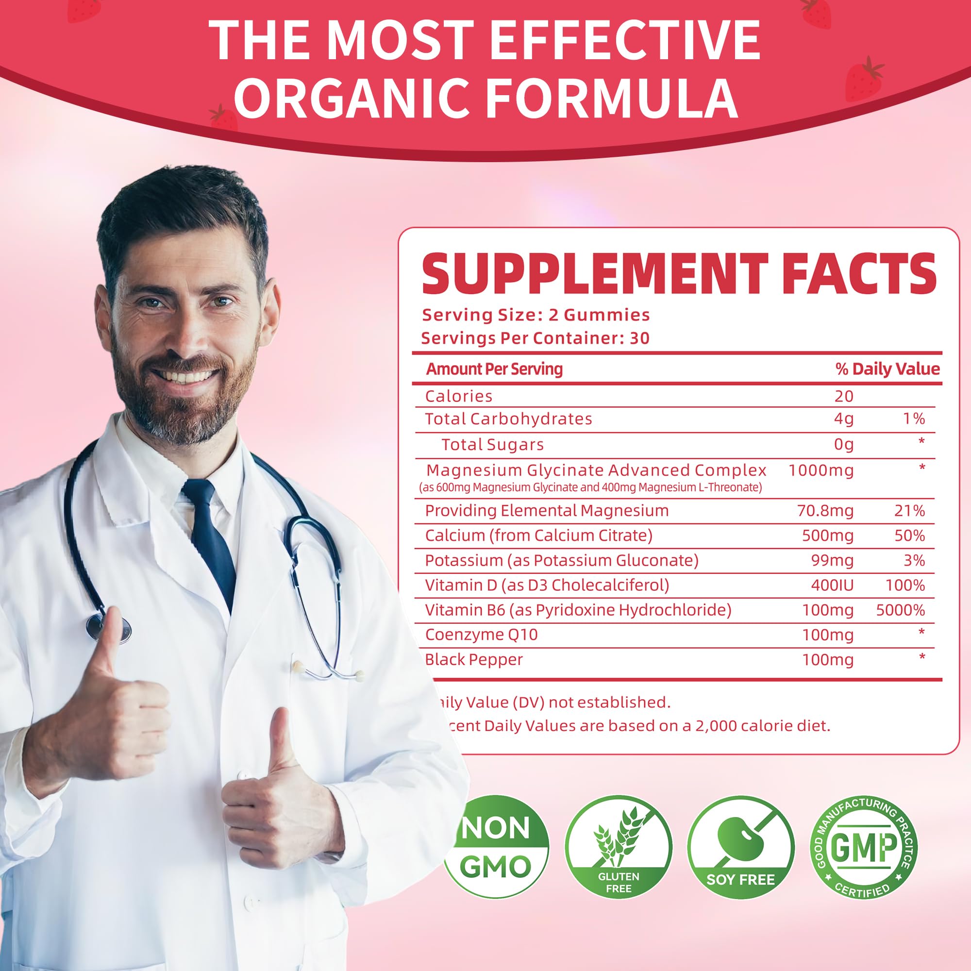 Magnesium Glycinate Gummies 1000mg - Sugar Free Calm Mood & Sleep Support (120 Strawberry Gummies) - 2 Pack
